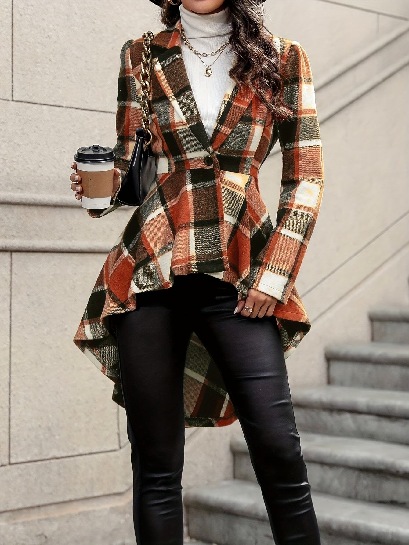 Stylish Plaid Flare Jacket - Elegant Long Sleeve High-Low Hem, Button Front, Fall & Winter Essential, Women's Fashion Clothing for Chic Style