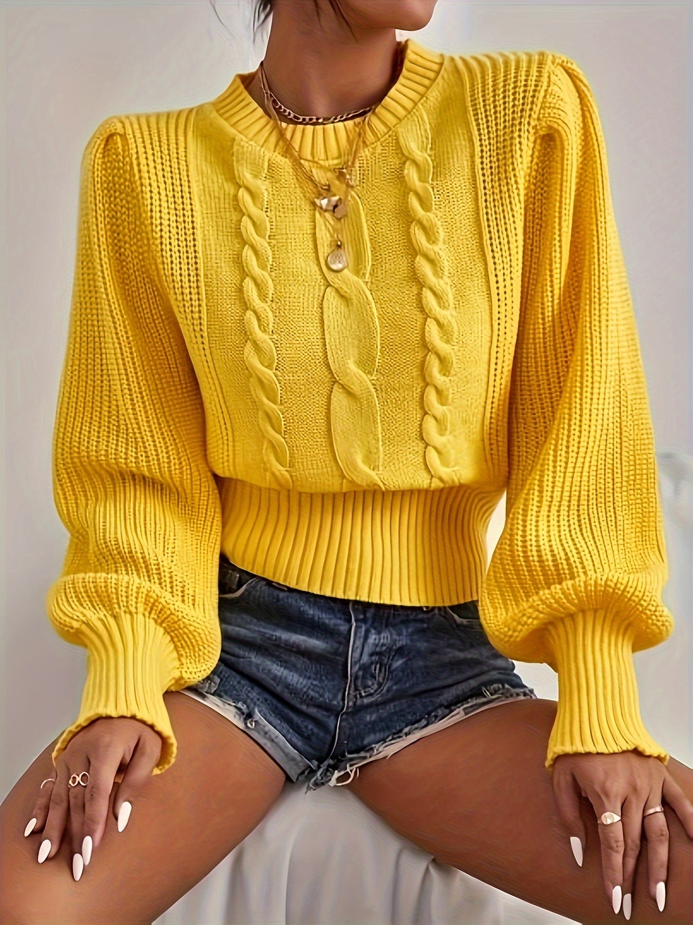 Soft Micro Elasticity Crew Neck Frill Pullover Sweater - Cozy Solid Color Lantern Sleeve Knit Fabric for Fall and Winter - Womens Casual Middle East Style Clothing