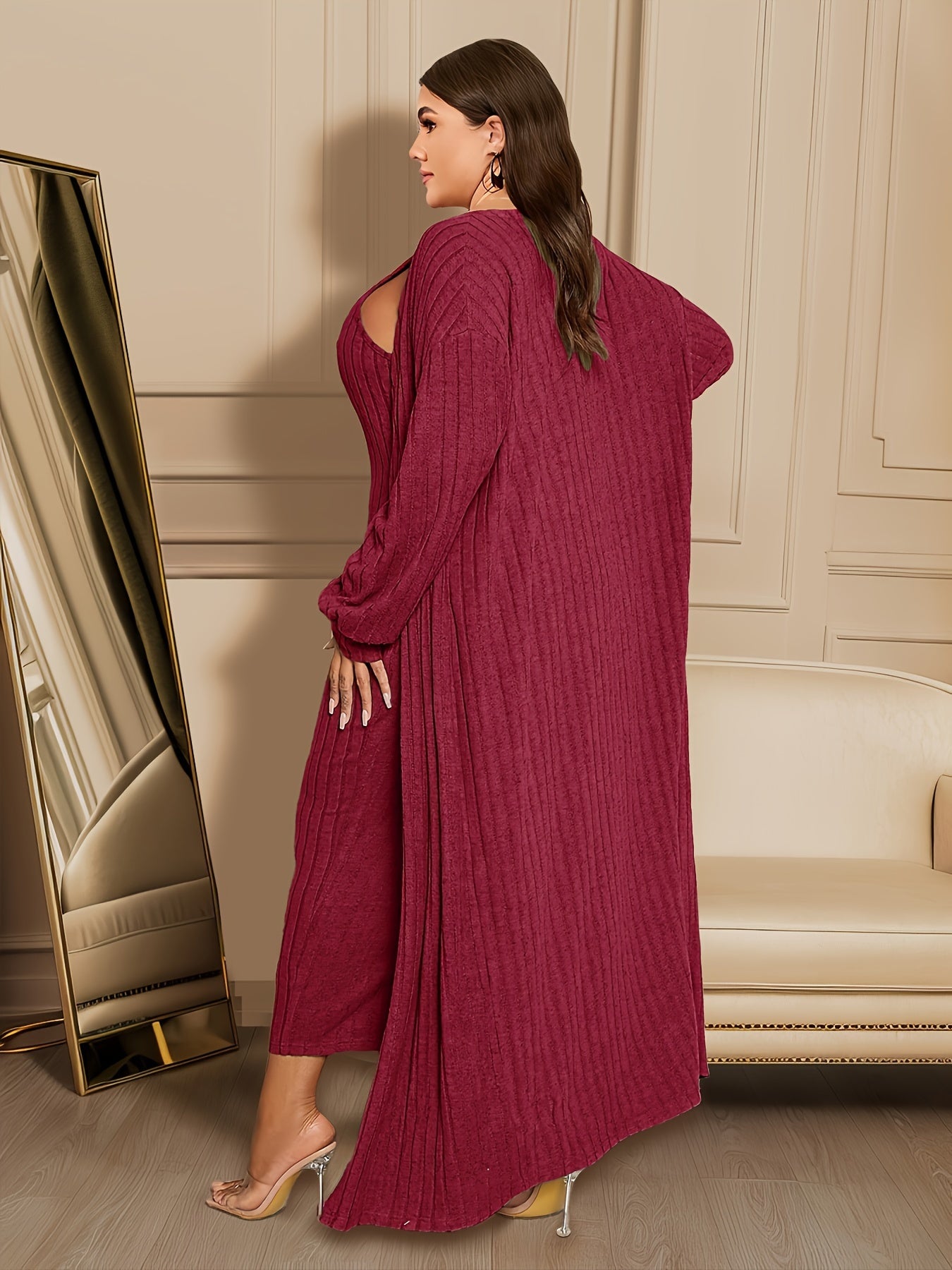 Large Ribbed Two-piece Set, Long Sleeved Cardigan And Sleeveless Formal Attire, Women's Curve Clothing