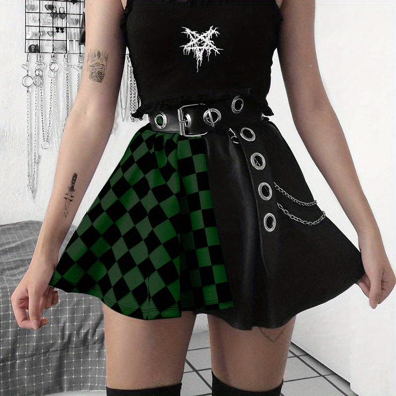 Chessboard Print Splicing Skirt, Gothic Ruched Punk Mini Skirt Without Belt, Women's Clothing