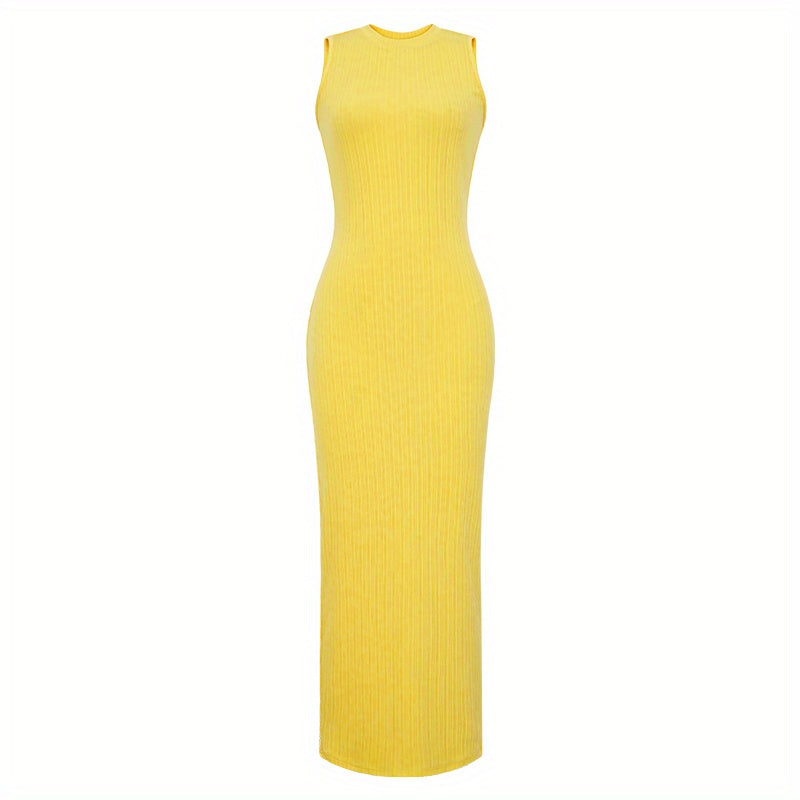 Vestido liso sin mangas, vestido largo ajustado informal con cuello redondo, ropa de mujer