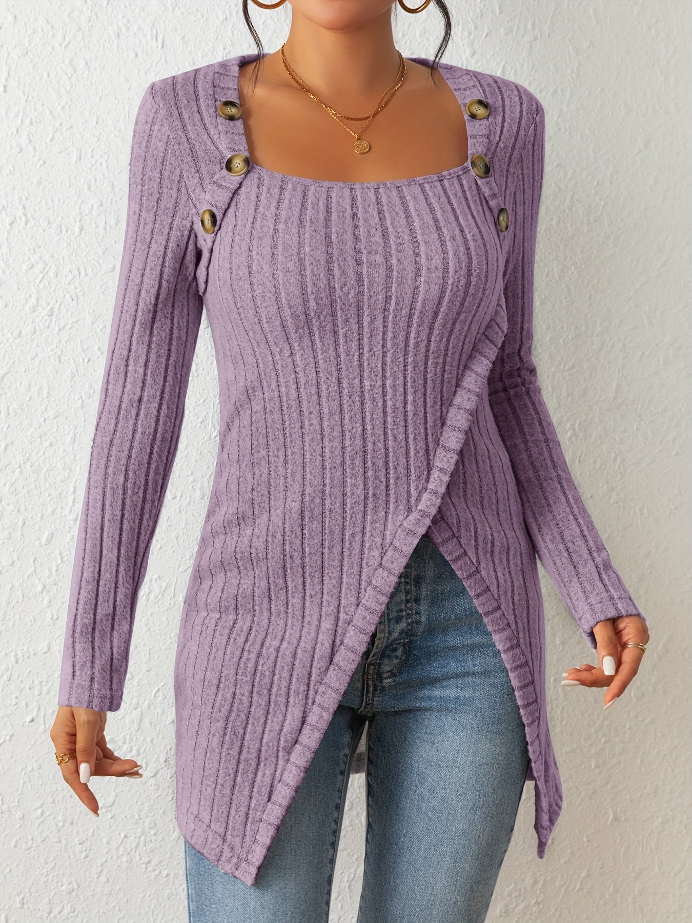 Chic Ribbed Long Sleeve Top with Unique Button Accent - Asymmetrical Hem - Perfect for Womens Spring & Fall Fashion
