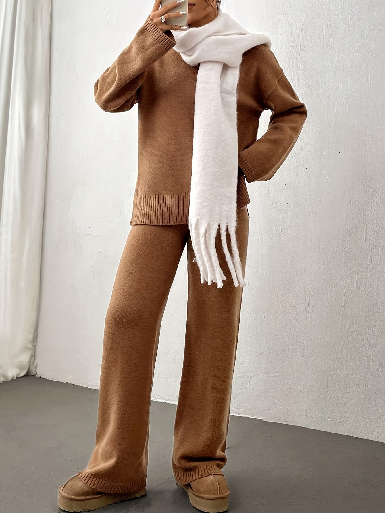 Solid Ribbed Casual Knitted Pantsuits, Crew Neck Drop Shoulder Long Sleeve Sweater & Straight Leg Pants Outfits, Women's Clothing