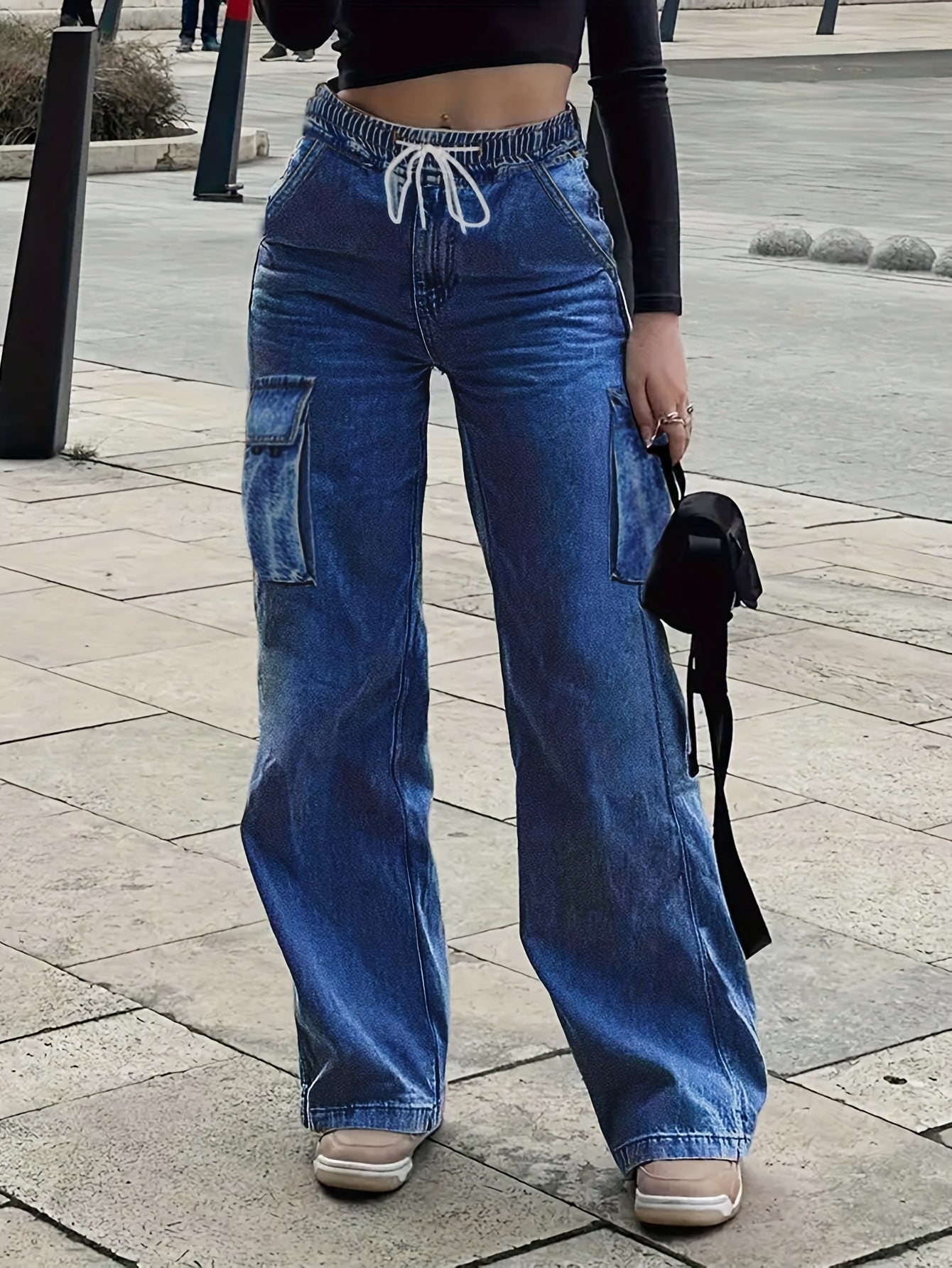 Waist Drawstring Women'S Loose Denim Straight Leg Pants, Mid Waistband Pocket, Comfortable And Versatile