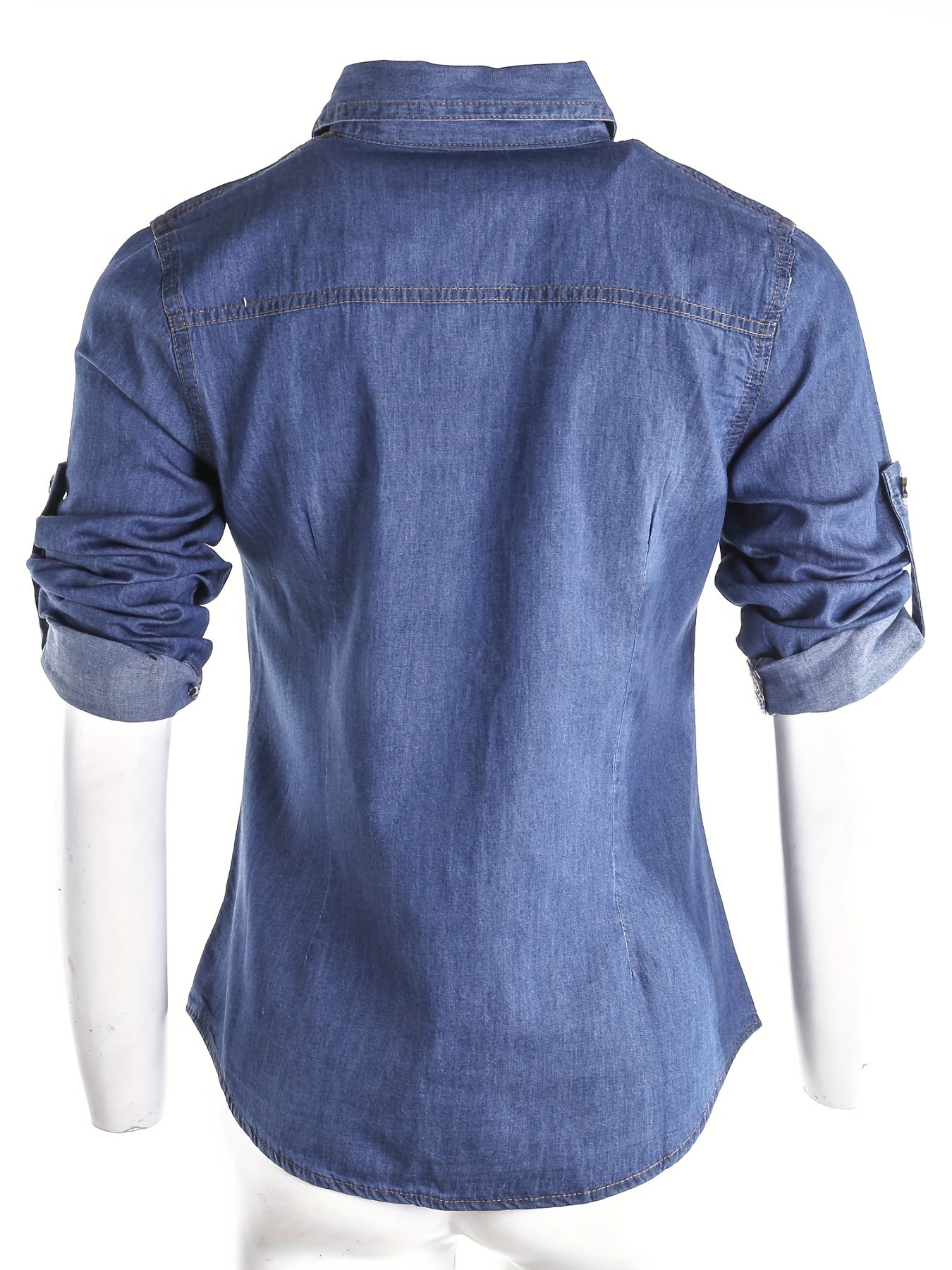Women Retro Blue Denim Shirts Adjustable Long Sleeve