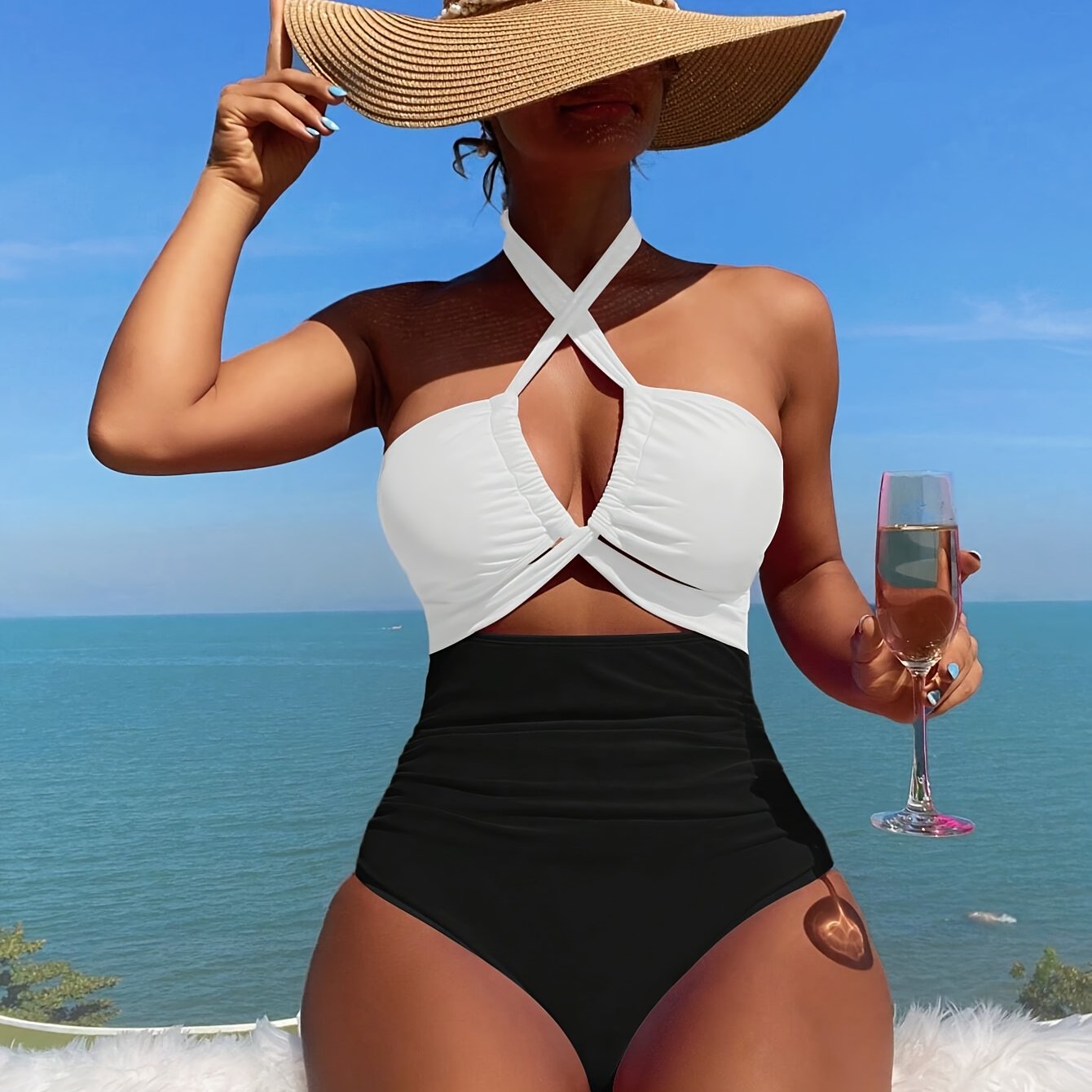 Elegant High-Waisted One-Piece Hollow-Out Bikini Set for Women, Removable Pads, Halter Neck Top, Contrast Color, Knitted Fabric, Stretchy Beach Swimwear