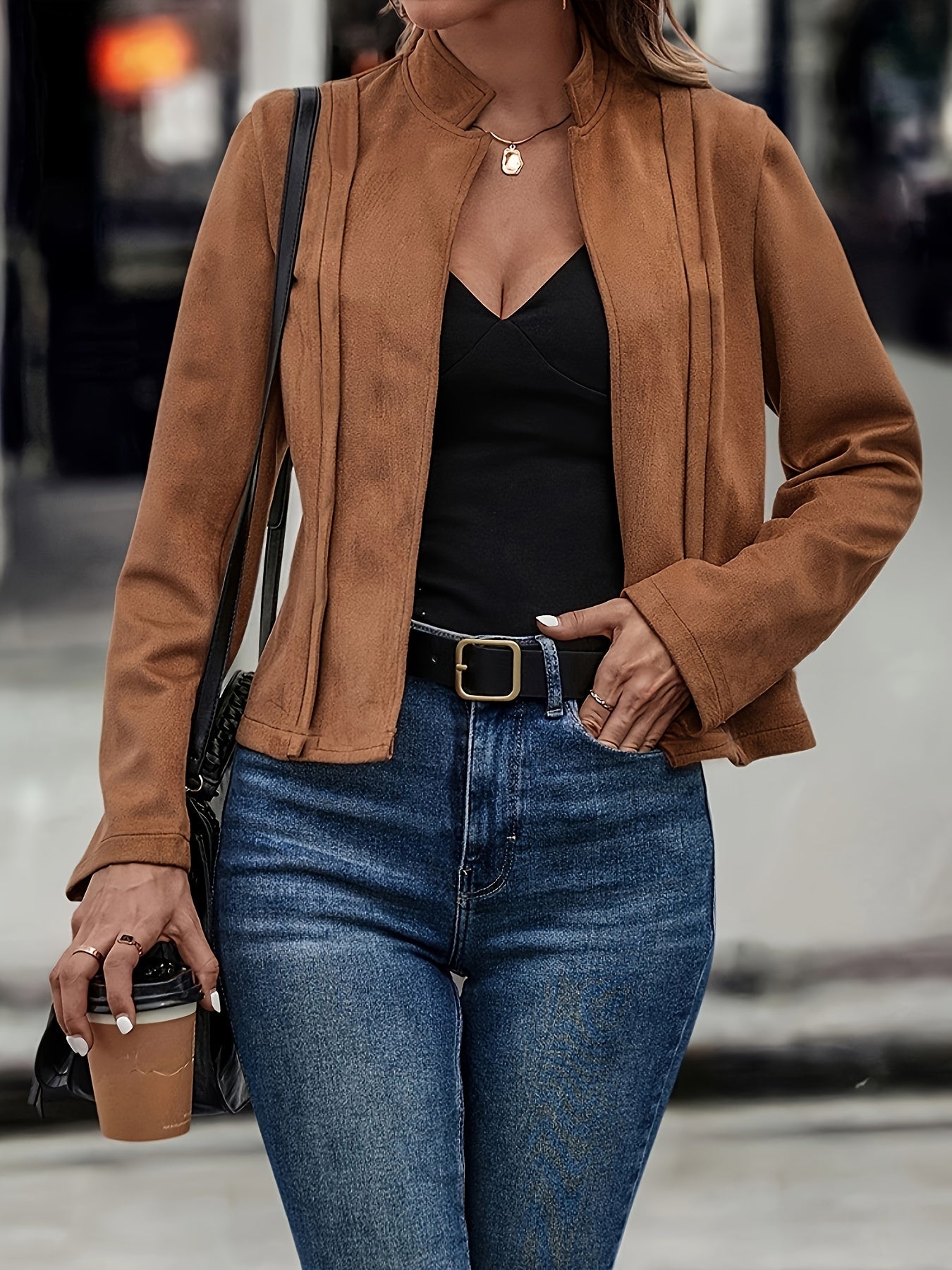Chaqueta elegante de cuello alto y manga larga ajustada: diseño frontal abierto en color sólido suave, perfecta para la temporada de primavera y otoño, prenda elegante para mujer para uso diario