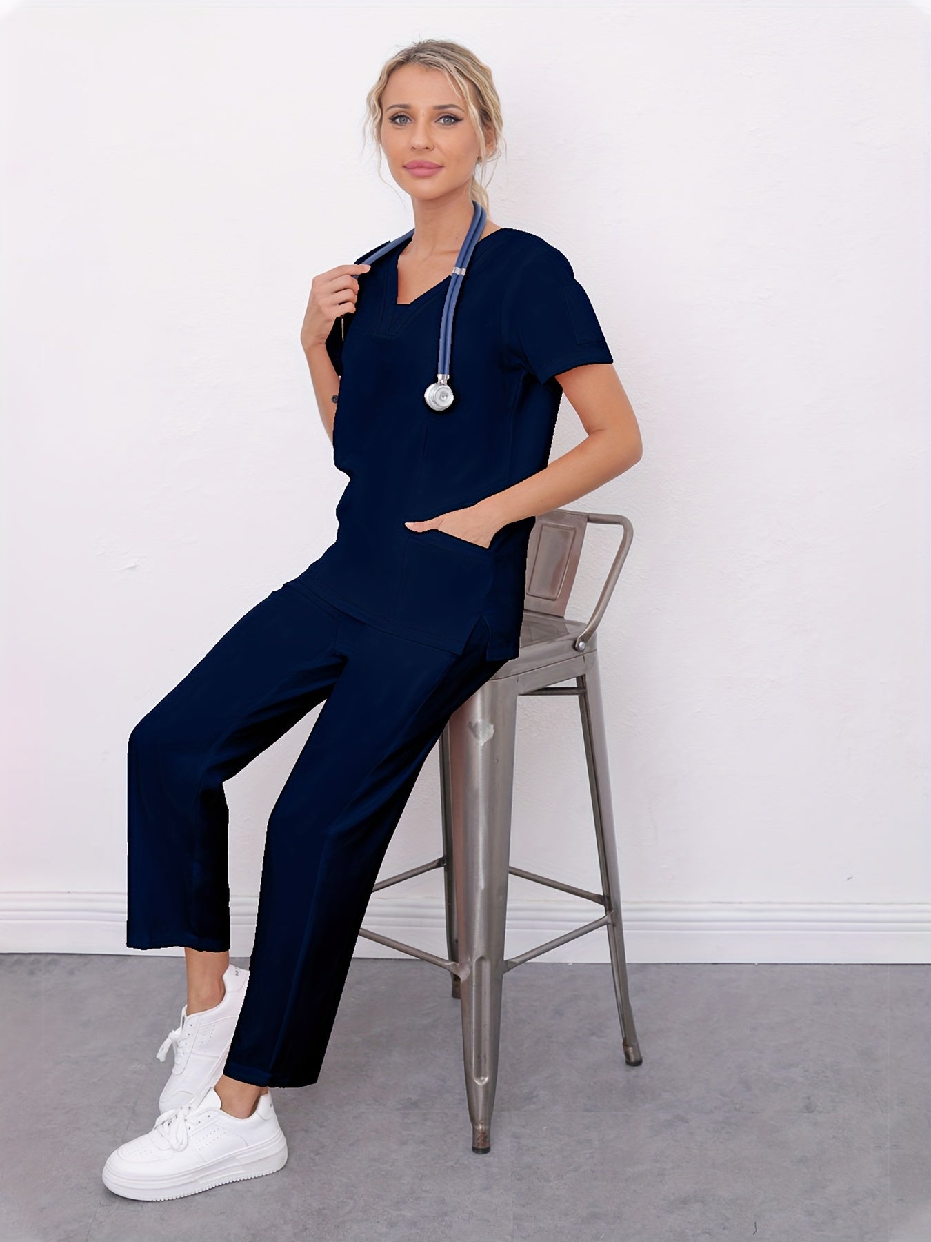 Conjunto de dos piezas liso, camiseta y pantalón de manga corta con cuello en V para atención médica, ropa de mujer