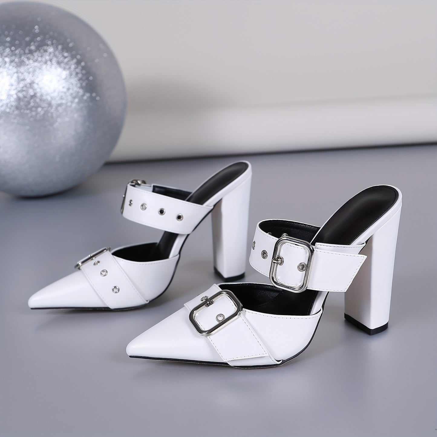 Elegant Women's Pointed Toe Mules with Chunky Heels & Rivet Embellishments - Easy Slip-On, Buckle Accent Dress Shoes for Chic Party Wear