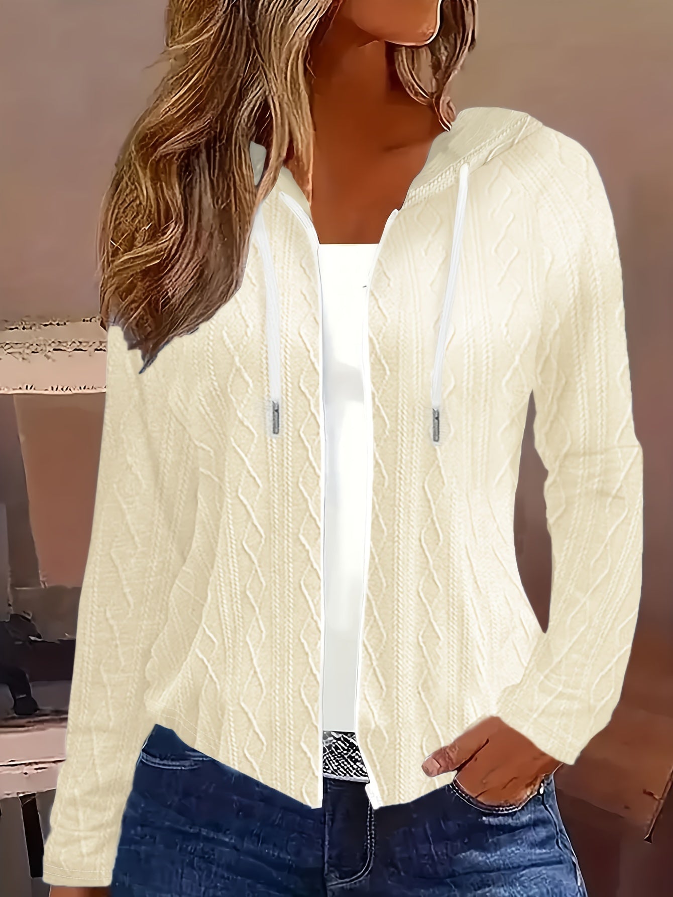 Cozy Cable Knit Sweater - Soft, Long Sleeve, Drawstring Hooded