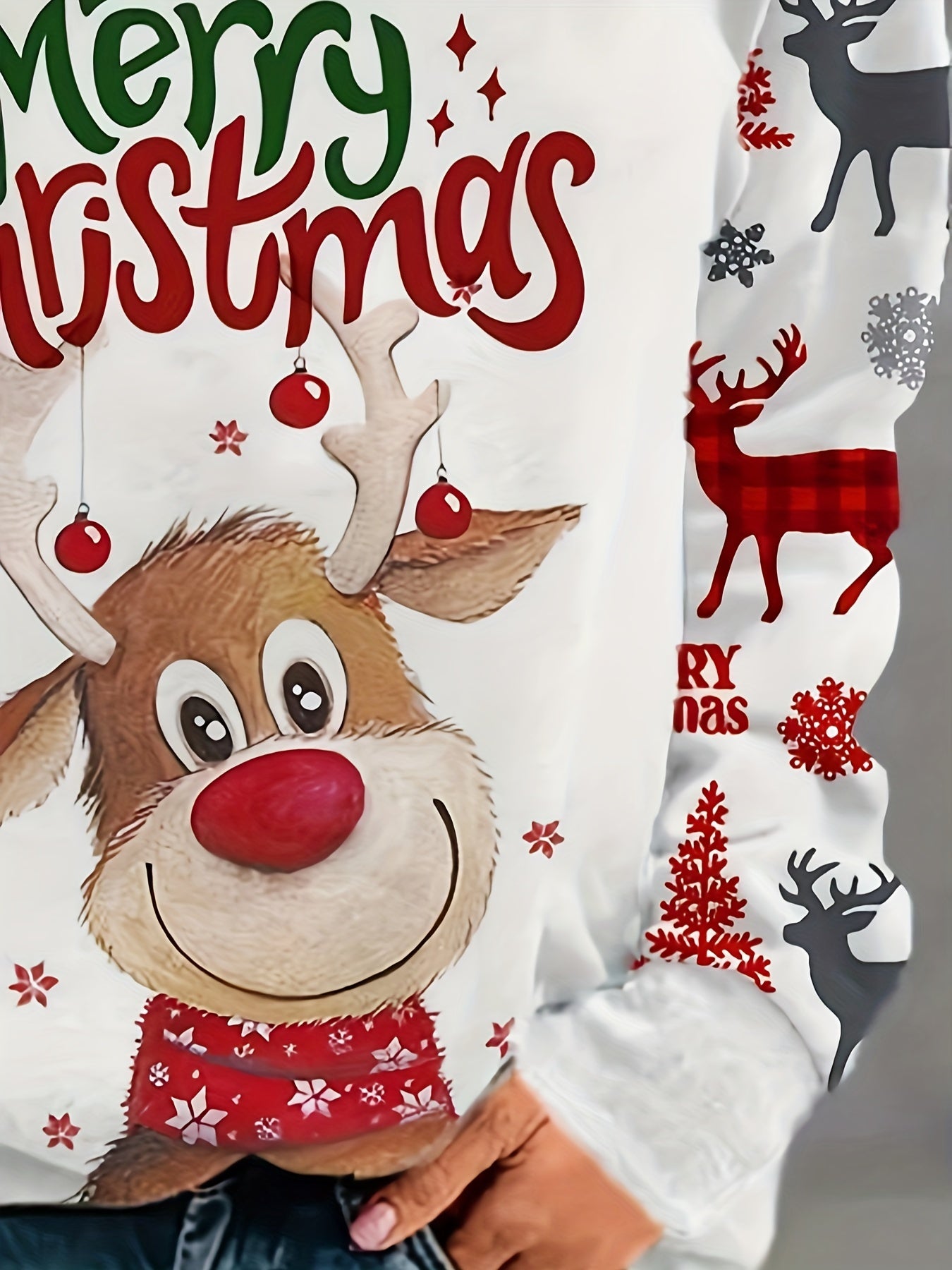 Merry Christmas Reindeer Print Casual Crew Neck Sweatshirt - 100% Polyester, Raglan Long Sleeve, Knit Fabric, Slight Stretch, Regular Fit Pullover for Spring/Fall
