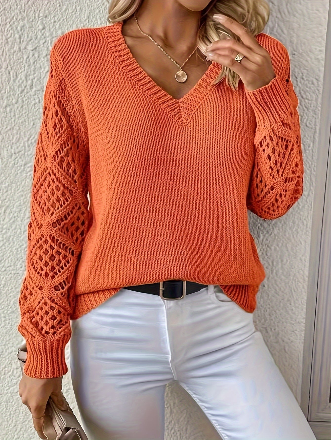Plus Size Women's Cozy Knit Top - V Neck, Long Sleeve, Solid Color, Cut Out Detail, Casual Wear, Comfortable Plus Size Clothing for Daily Life