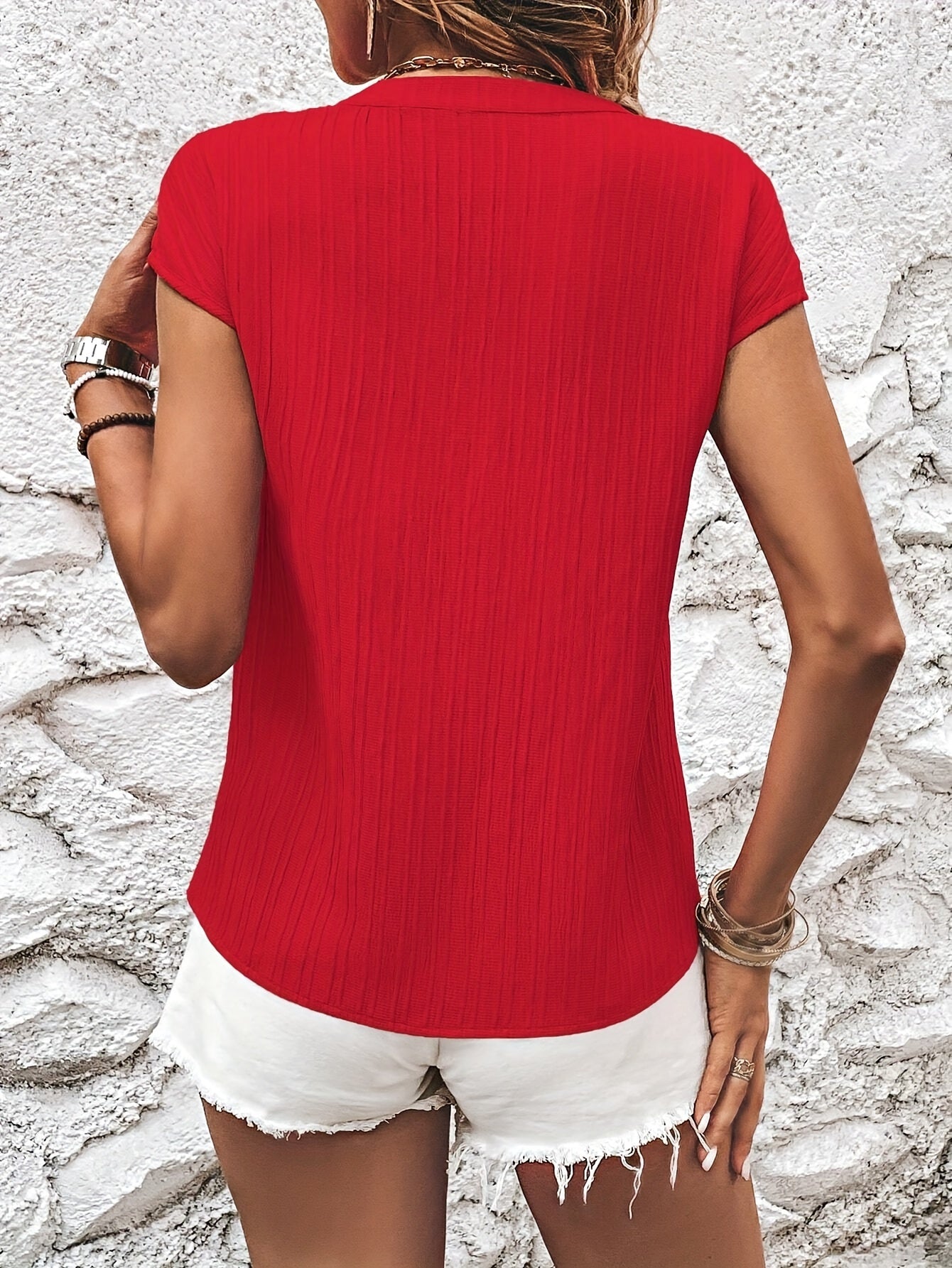 Vibrant Solid Color V-Neck Blouse - Elegant Cap Sleeve Design, Breathable Fabric, Perfect for Spring & Summer, Women's Clothing, Casual Chic Style, Versatile Wardrobe Essential