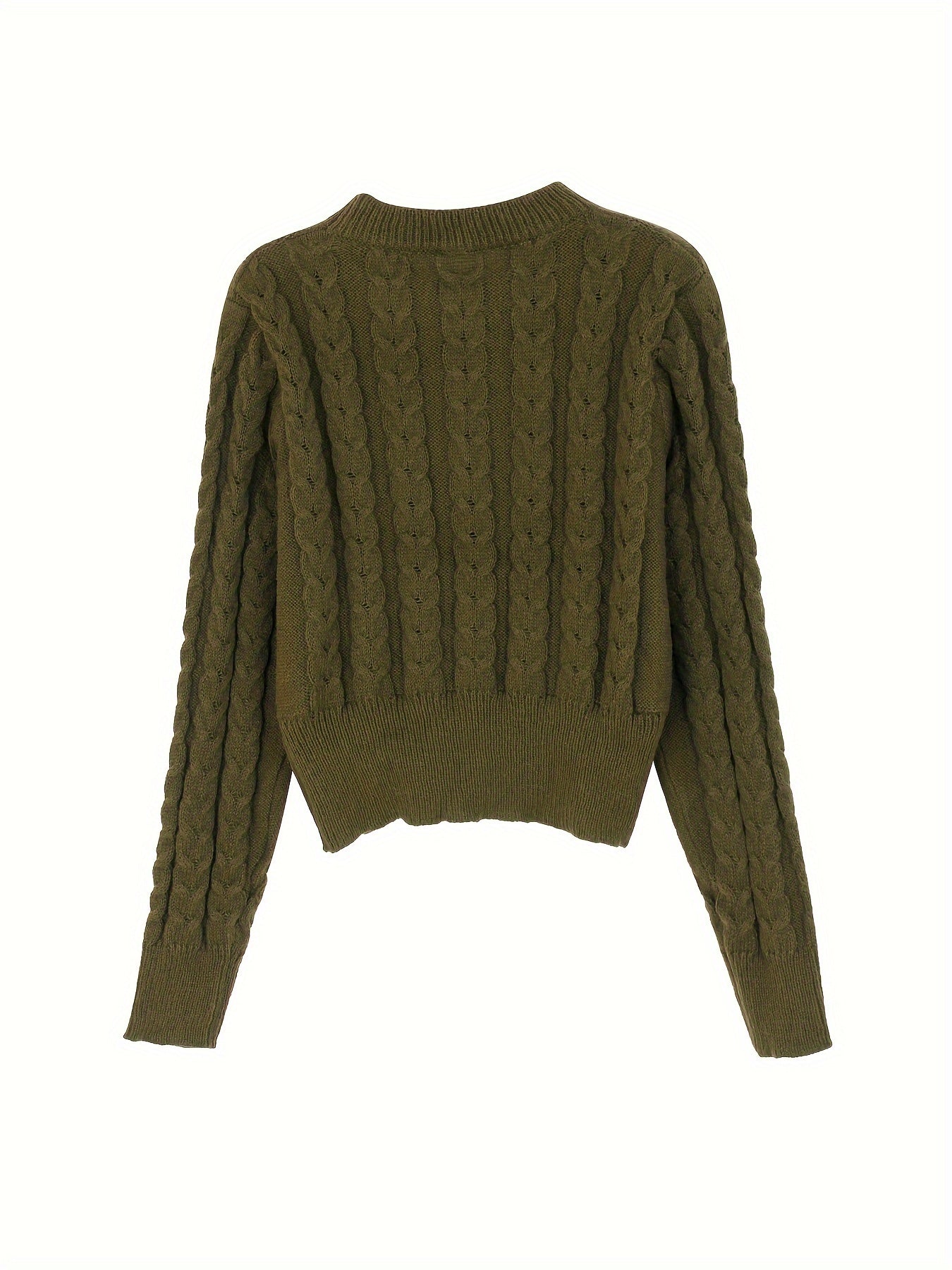 Solid Crew Neck Cable Knit Sweater, Casual Long Sleeve Pullover Sweater, Women's Clothing
