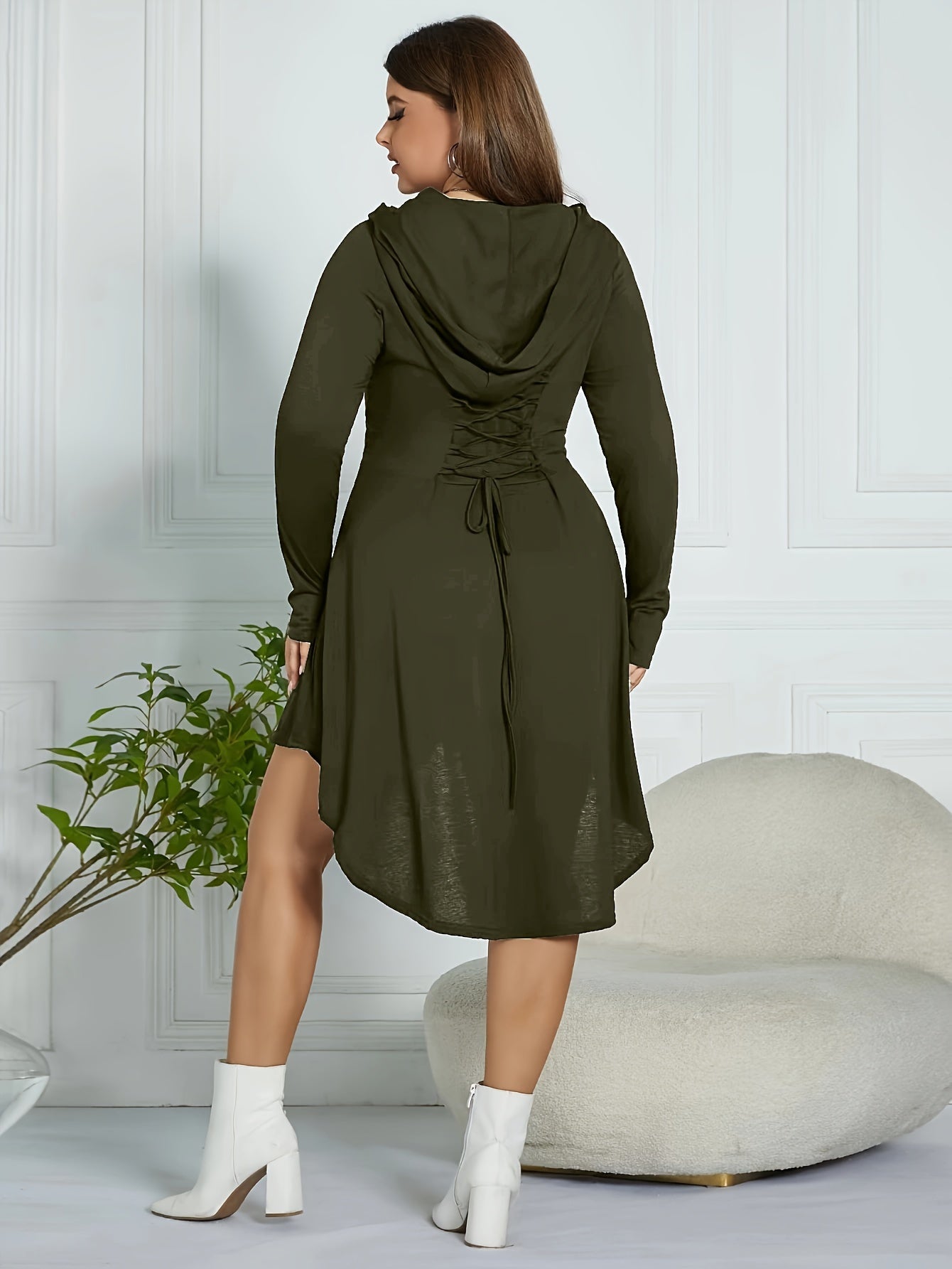 Plus Size Lace Up Dress, Solid Hooded Long Sleeve Dress For Spring, Women's Plus Size Clothing