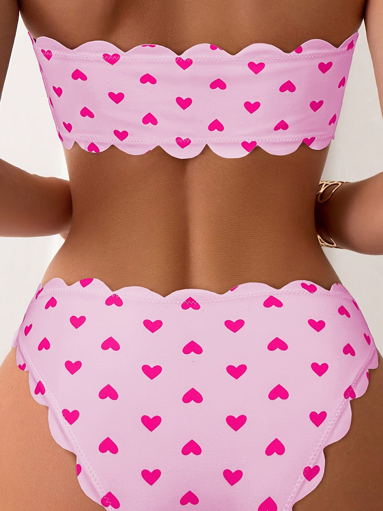 Heart Pattern Bandeau 2 Piece Set Bikini, Tube Top Scallop Trim Tie Front High Cut Swimsuits - Polyester & Spandex