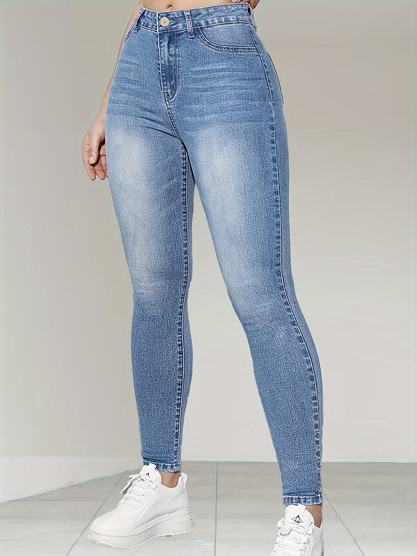 Plus Size Skinny Fit Washed Blue Casual Style Zipper Button Closure Denim Pants, Women's Denim Jeans & Clothing