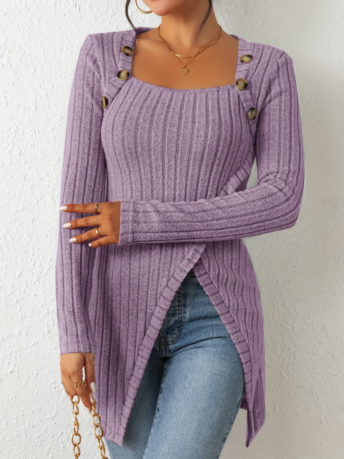 Chic Ribbed Long Sleeve Top with Unique Button Accent - Asymmetrical Hem - Perfect for Womens Spring & Fall Fashion