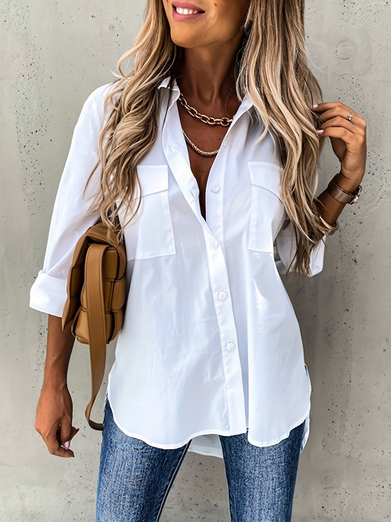 Camisa de mujer con cuello de solapa y manga larga, tejido de poliéster microelástico suave, semitransparente, detalle de bolsillo, ropa informal para todas las estaciones para la oficina y la vida diaria