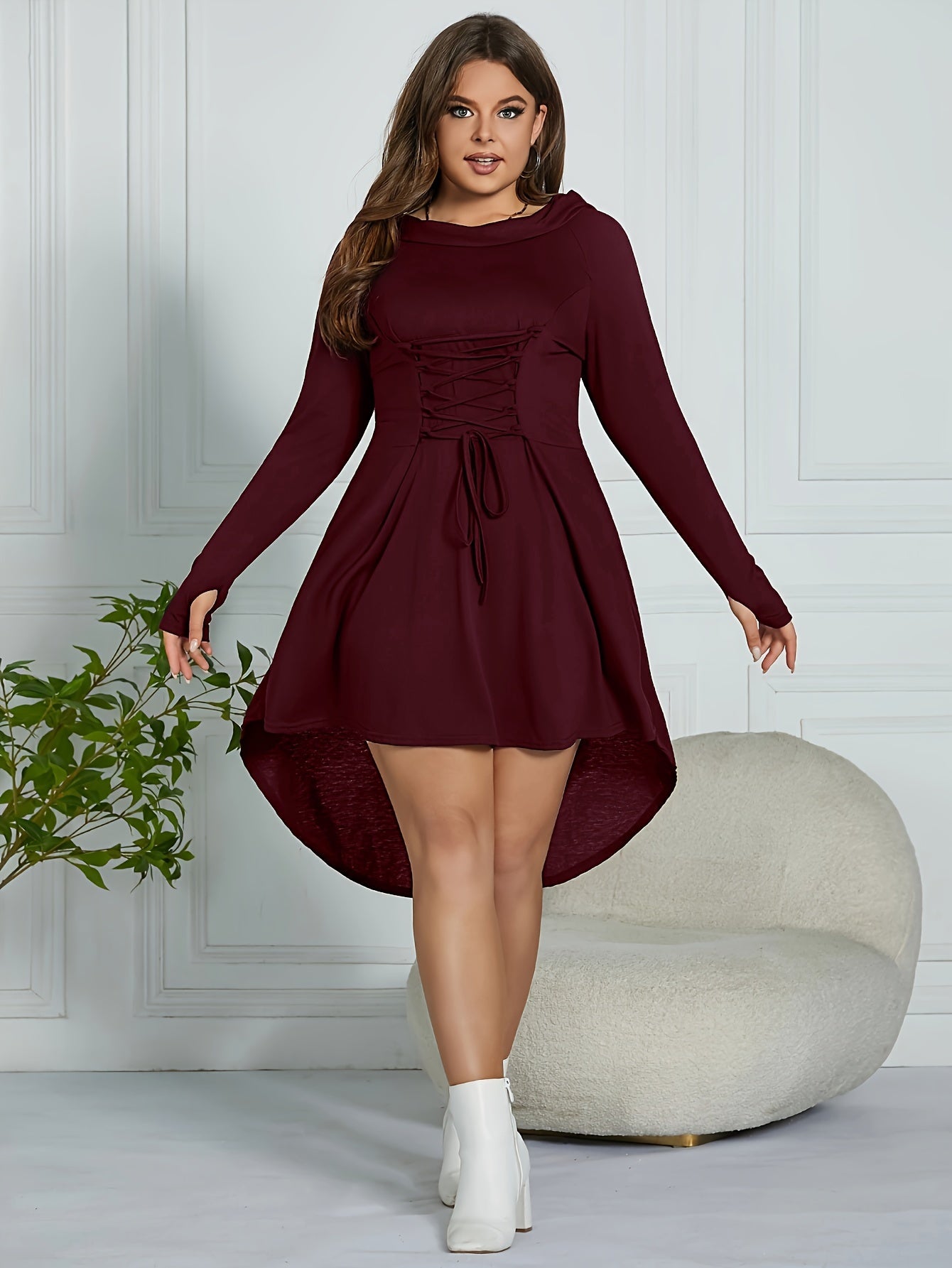 Plus Size Lace Up Dress, Solid Hooded Long Sleeve Dress For Spring, Women's Plus Size Clothing