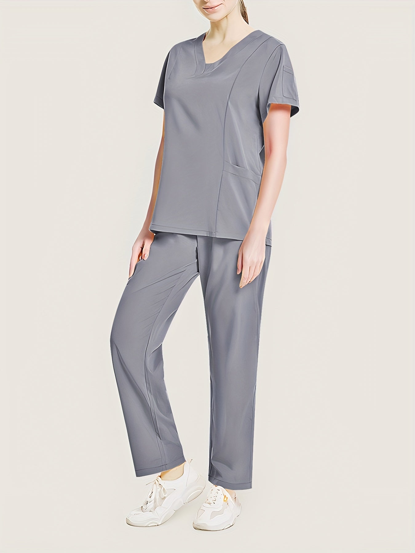 Conjunto médico de dos piezas con cuello en V, manga corta y pantalones elásticos, cómodo y de ajuste cómodo para mujeres | Uniformes médicos duraderos y de fácil cuidado para profesionales de la salud