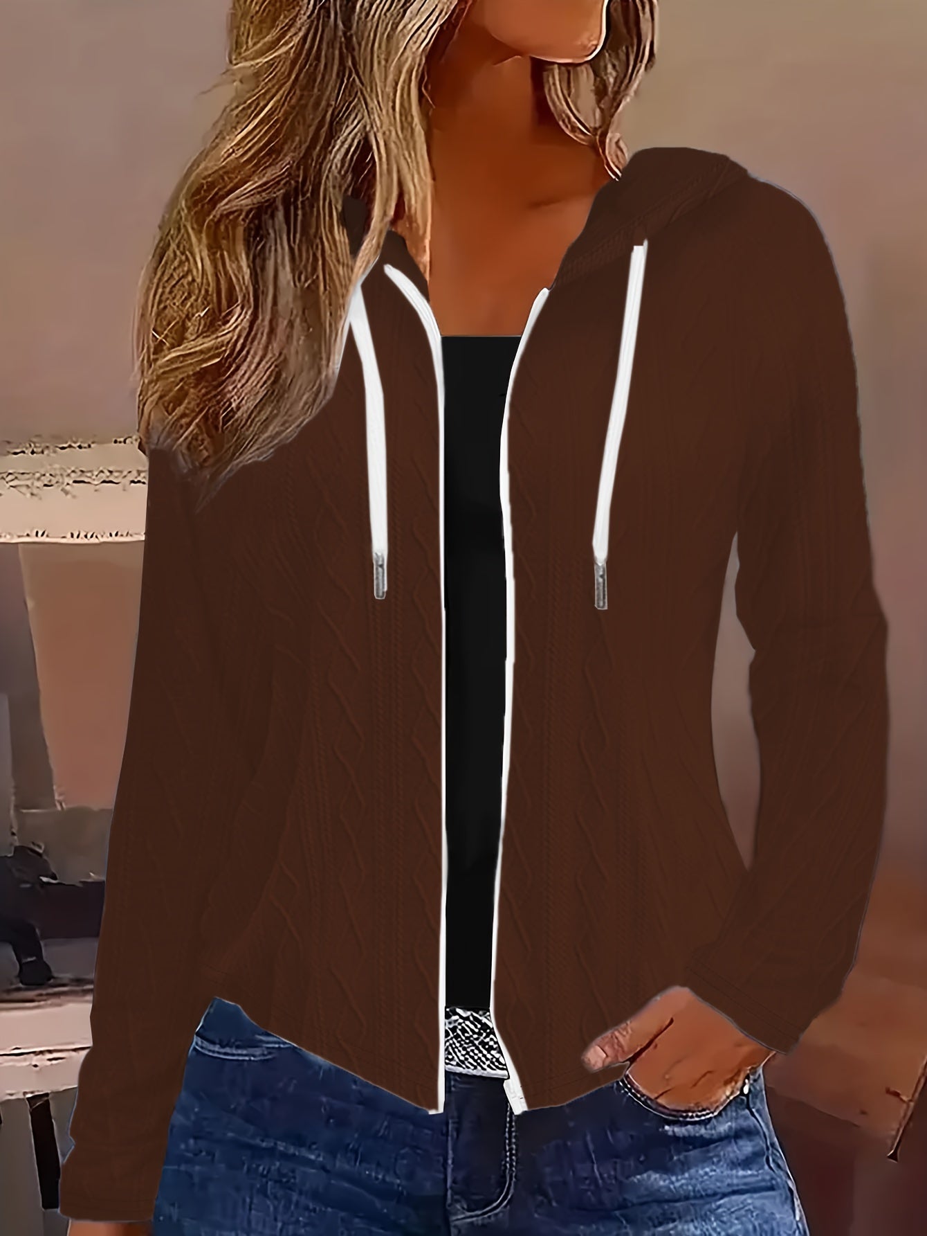 Cozy Cable Knit Sweater - Soft, Long Sleeve, Drawstring Hooded