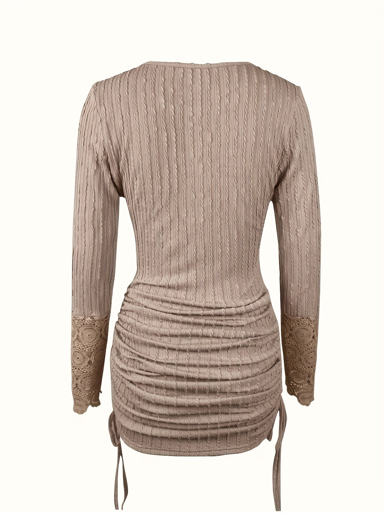 Exquisite Contrast Lace Ruched Dress - Adjustable Drawstring Waist, Classic Button Front Closure - Timeless Elegant Design for Womens Fashion Clothing