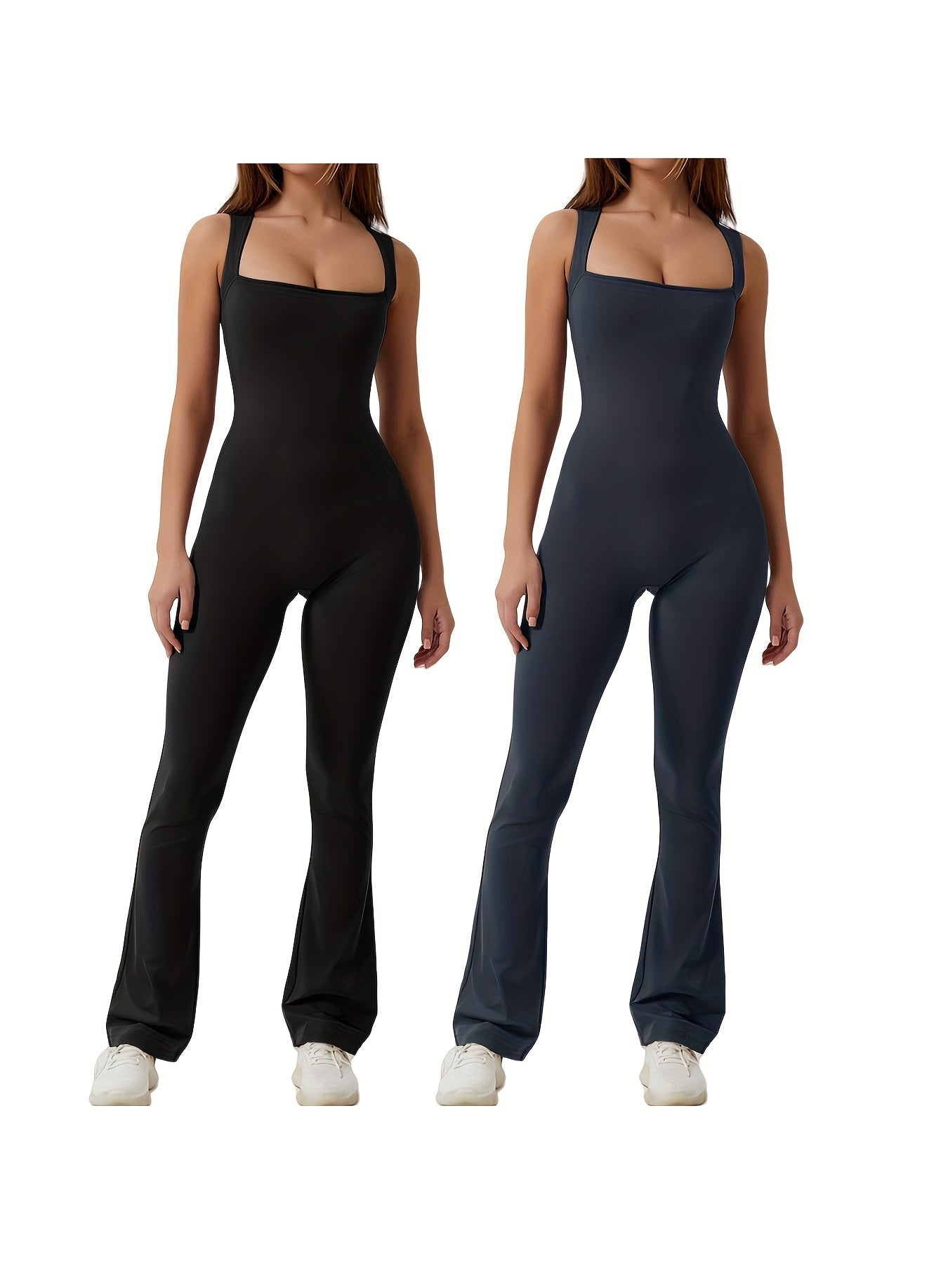 Mono elástico con escote cuadrado y acampanado: diseño elegante sin mangas, ropa informal cómoda para primavera y verano: ropa de corte ajustado para mujer para vacaciones, actividades al aire libre y vida diaria