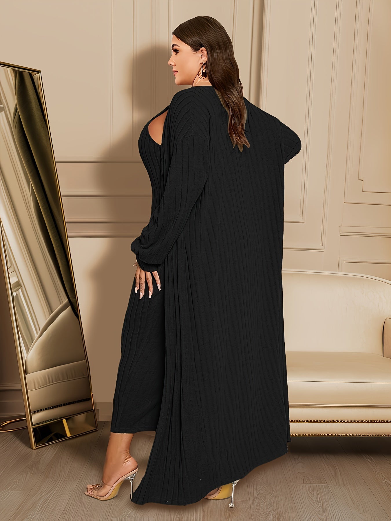 Large Ribbed Two-piece Set, Long Sleeved Cardigan And Sleeveless Formal Attire, Women's Curve Clothing