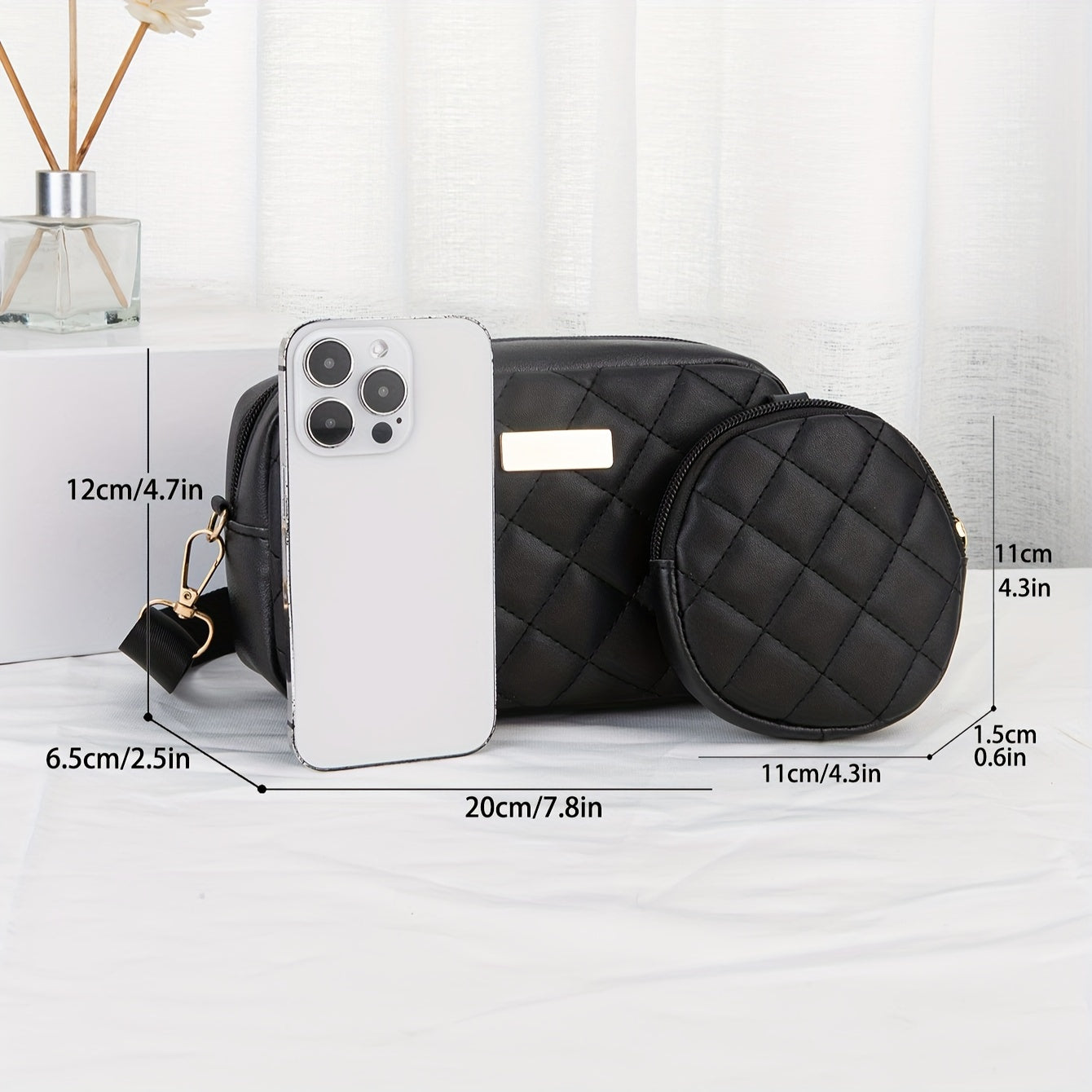 Elegante conjunto de 2 piezas: elegante bolso bandolera acolchado con monedero a juego, correa ajustable, cierre de cremallera, piel sintética ligera