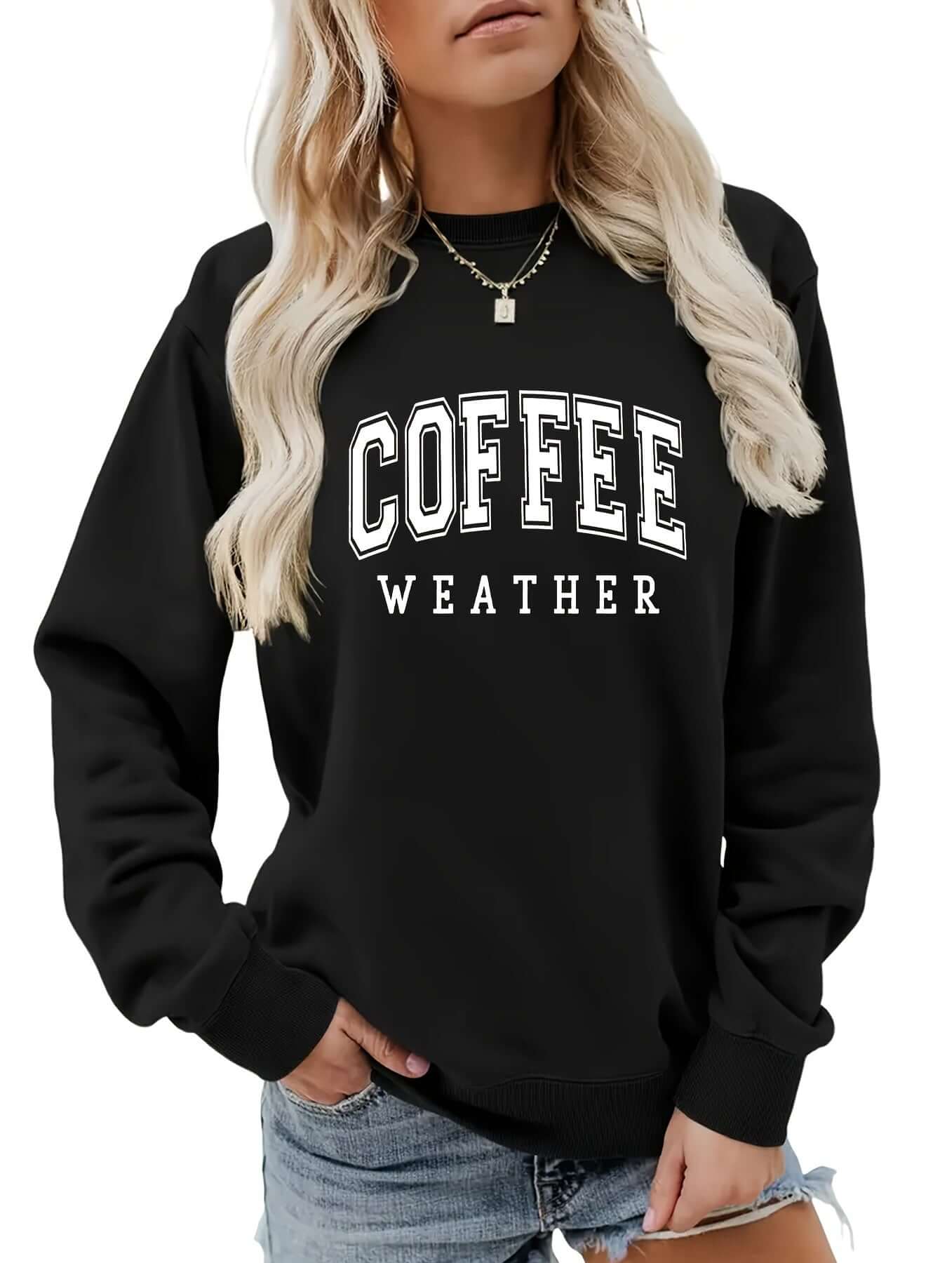 Sudadera con estampado de café de talla grande, sudadera informal de cuello redondo y manga larga
