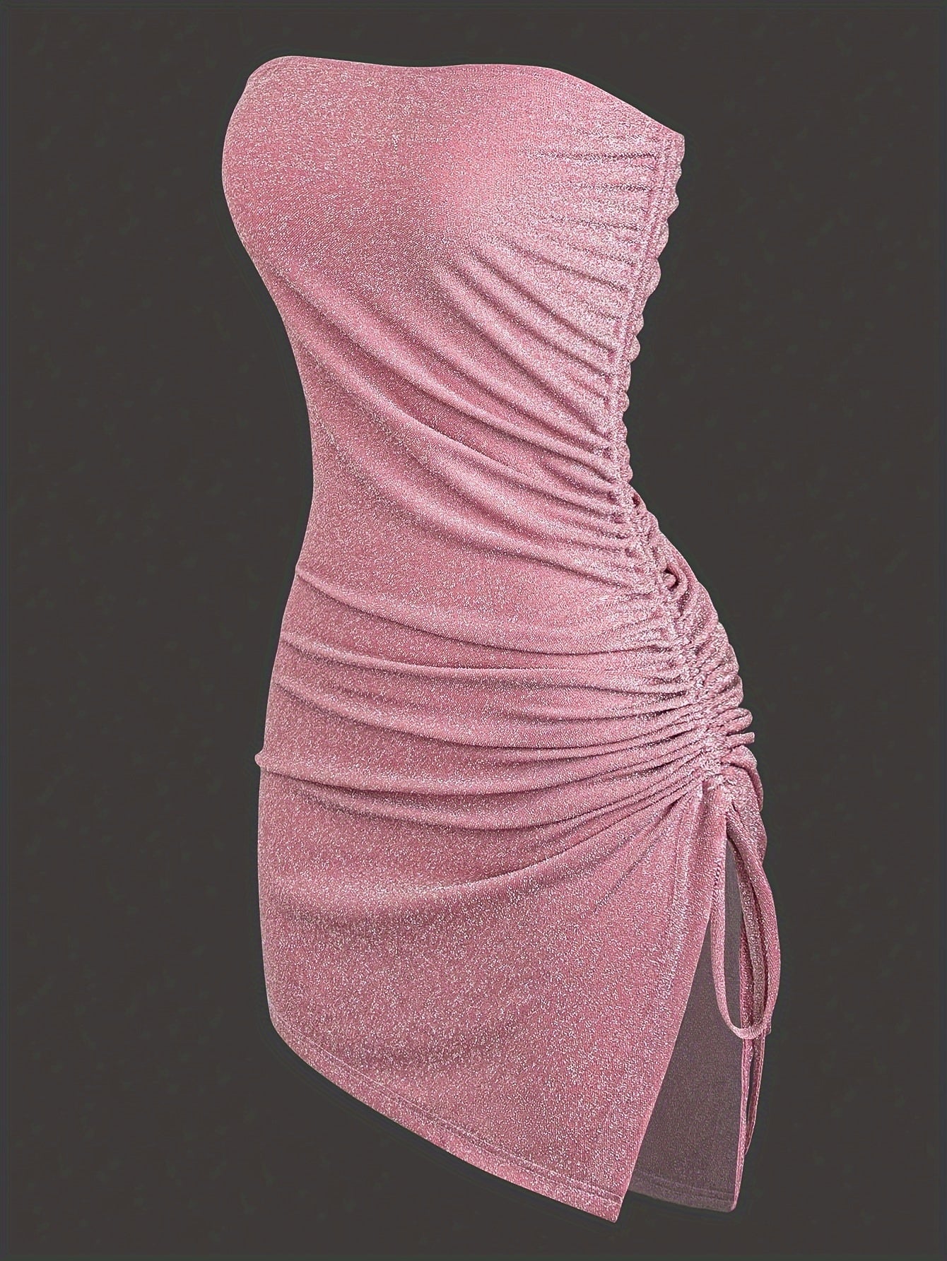 Ladies Solid Color Strapless Dress With Shiny Detailing