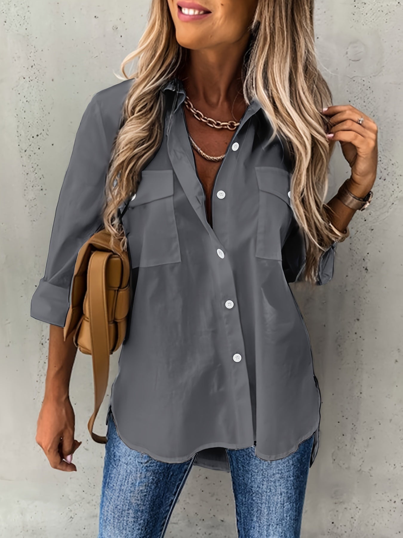Camisa de mujer con cuello de solapa y manga larga, tejido de poliéster microelástico suave, semitransparente, detalle de bolsillo, ropa informal para todas las estaciones para la oficina y la vida diaria