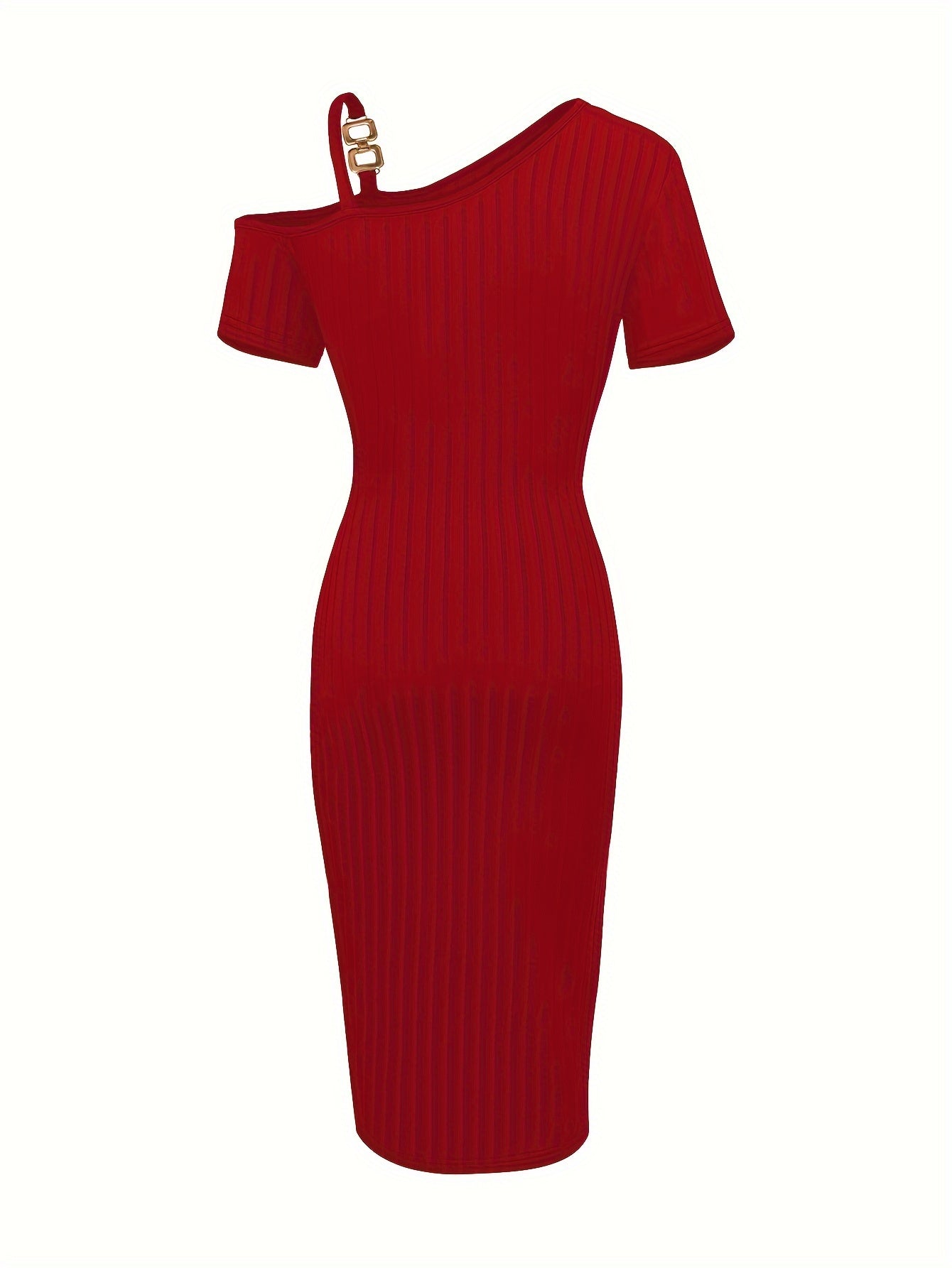 Exquisite Cold Shoulder Split Hem Chain Dress - Unique Asymmetrical Silhouette, Comfortable Short Sleeves, Trendy Split Hem Detail, Delicate Chain Embellishments -