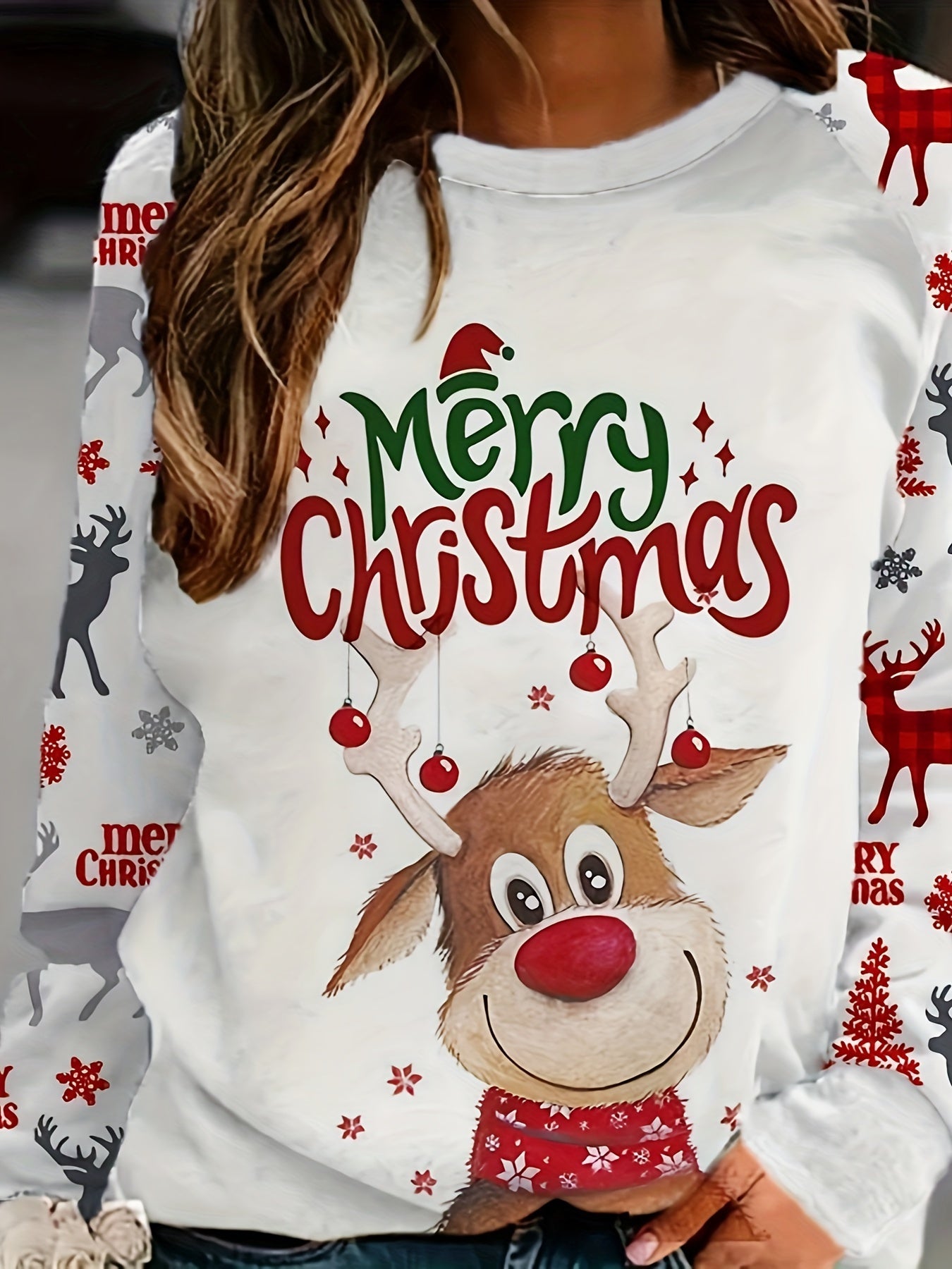 Merry Christmas Reindeer Print Casual Crew Neck Sweatshirt - 100% Polyester, Raglan Long Sleeve, Knit Fabric, Slight Stretch, Regular Fit Pullover for Spring/Fall