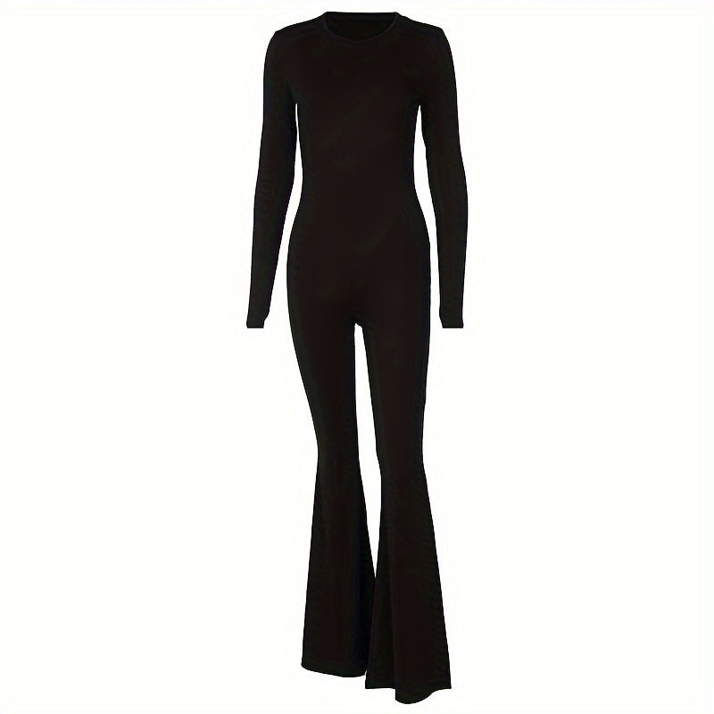 Stylish Slim-Fit Backless Crew Neck Long Sleeve Jumpsuit - Solid Color, Comfortable, Figure-Hugging, Women's Clothing for Everyday Wear - Perfect for Work, Date Night, or Casual Occasions