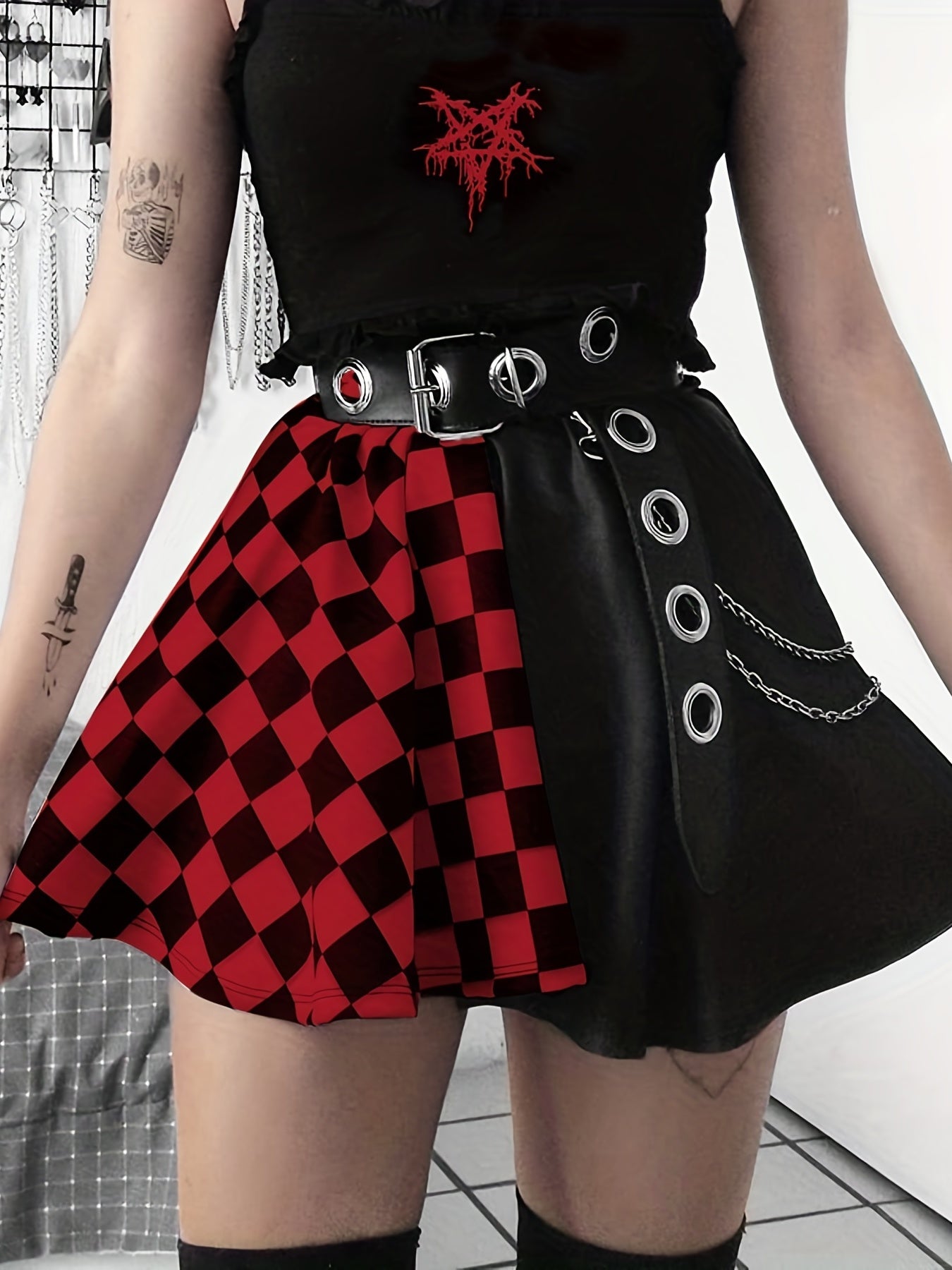 Chessboard Print Splicing Skirt, Gothic Ruched Punk Mini Skirt Without Belt, Women's Clothing