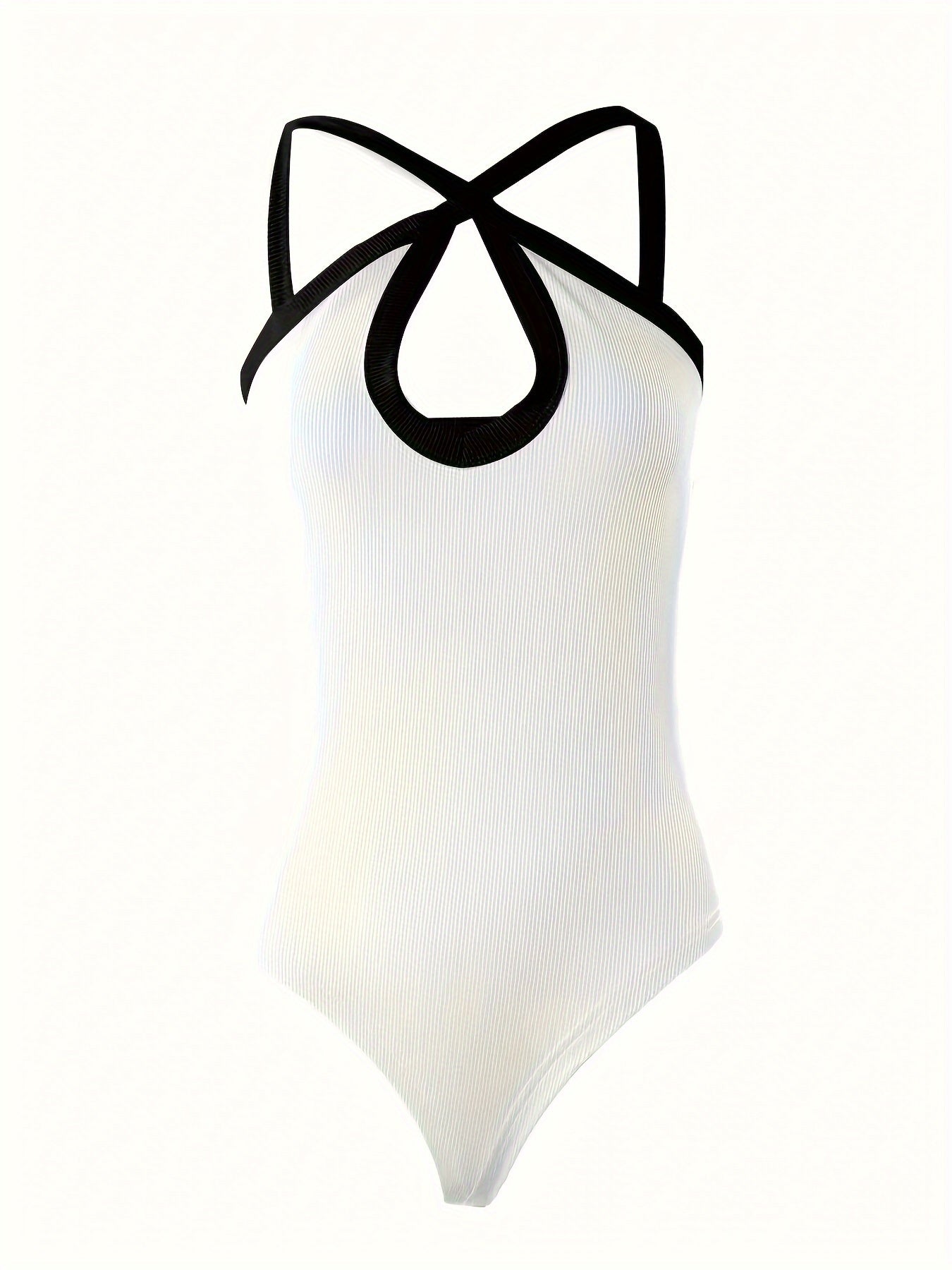 Chic Colorblock Bodysuit with Crisscross Detail - Sleeveless, Figure-Hugging, Ideal for Evening Wear
