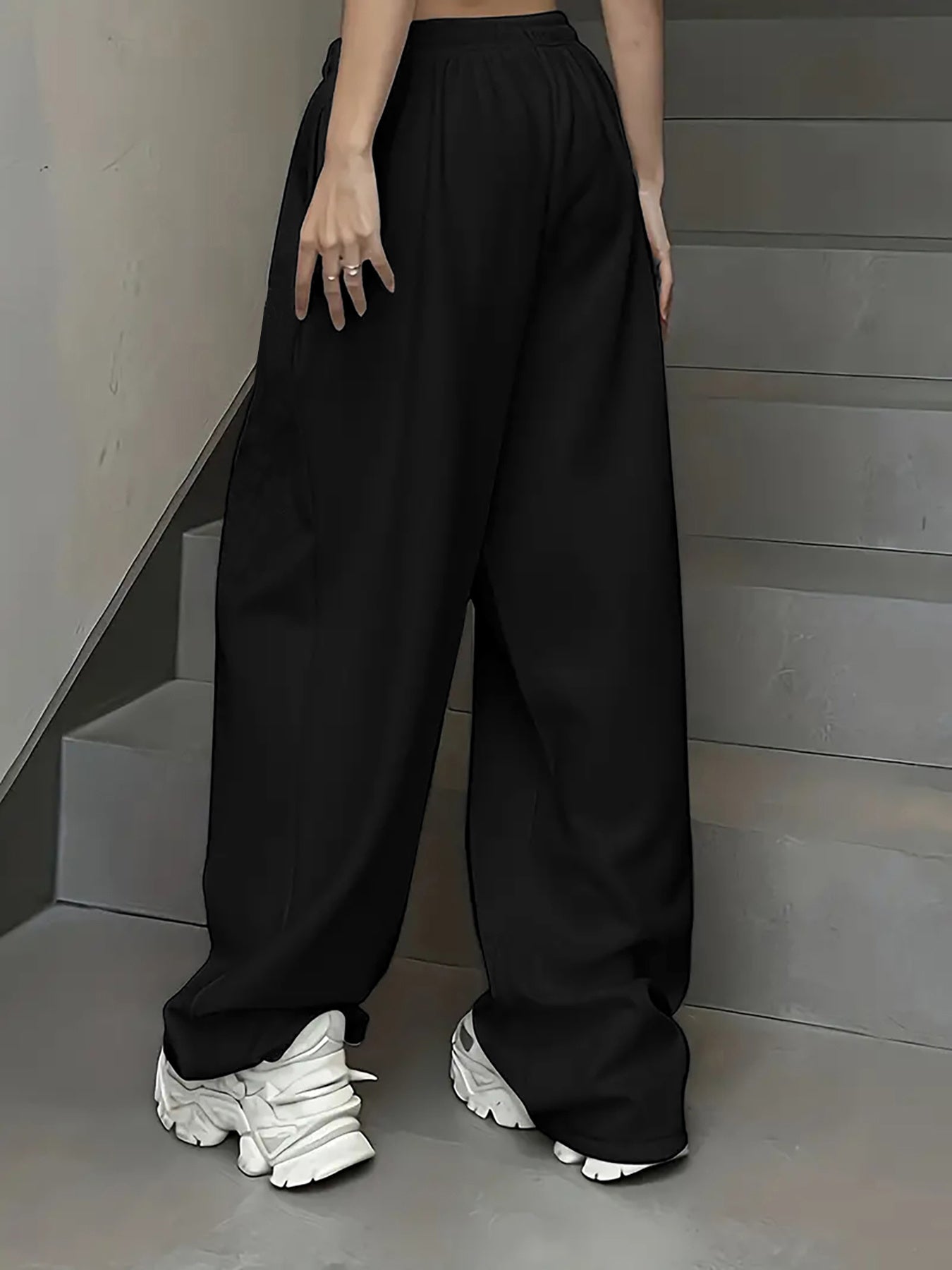 1 pantalón deportivo informal con estampado gótico para mujer, tejido de punto 100 % poliéster, temporada de invierno, cintura elástica con cordón, pantalones de pierna ancha estilo hip hop de pierna recta