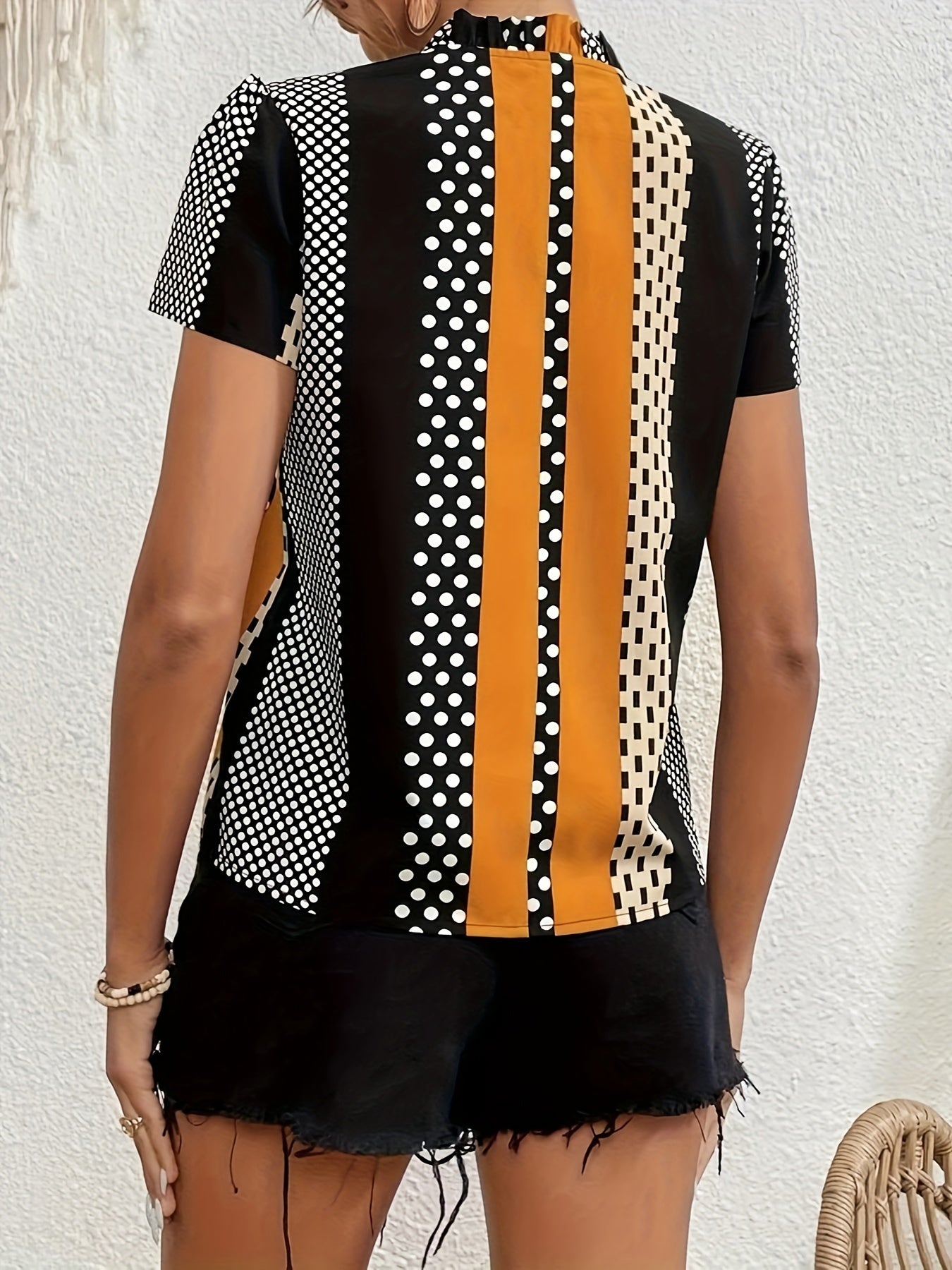 Blusa con cuello entallado y estampado de rayas, blusa informal de manga corta para primavera y verano, ropa de mujer