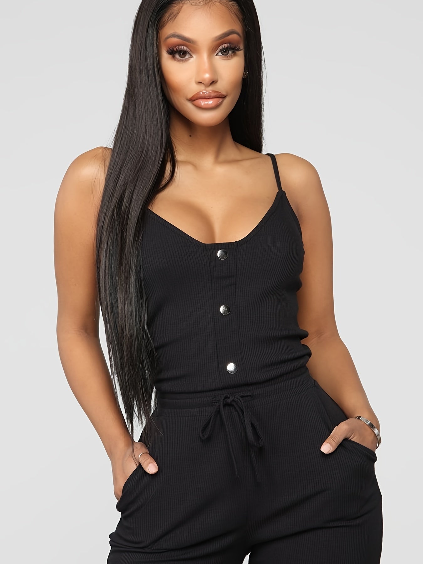 Sexy Long Length Sleeveless Drawstring Spaghetti Jumpsuit - Button Front, Solid Color, Comfortable and Relaxed Fit - Womens Fashion Clothing for Summer and Casual Occasions
