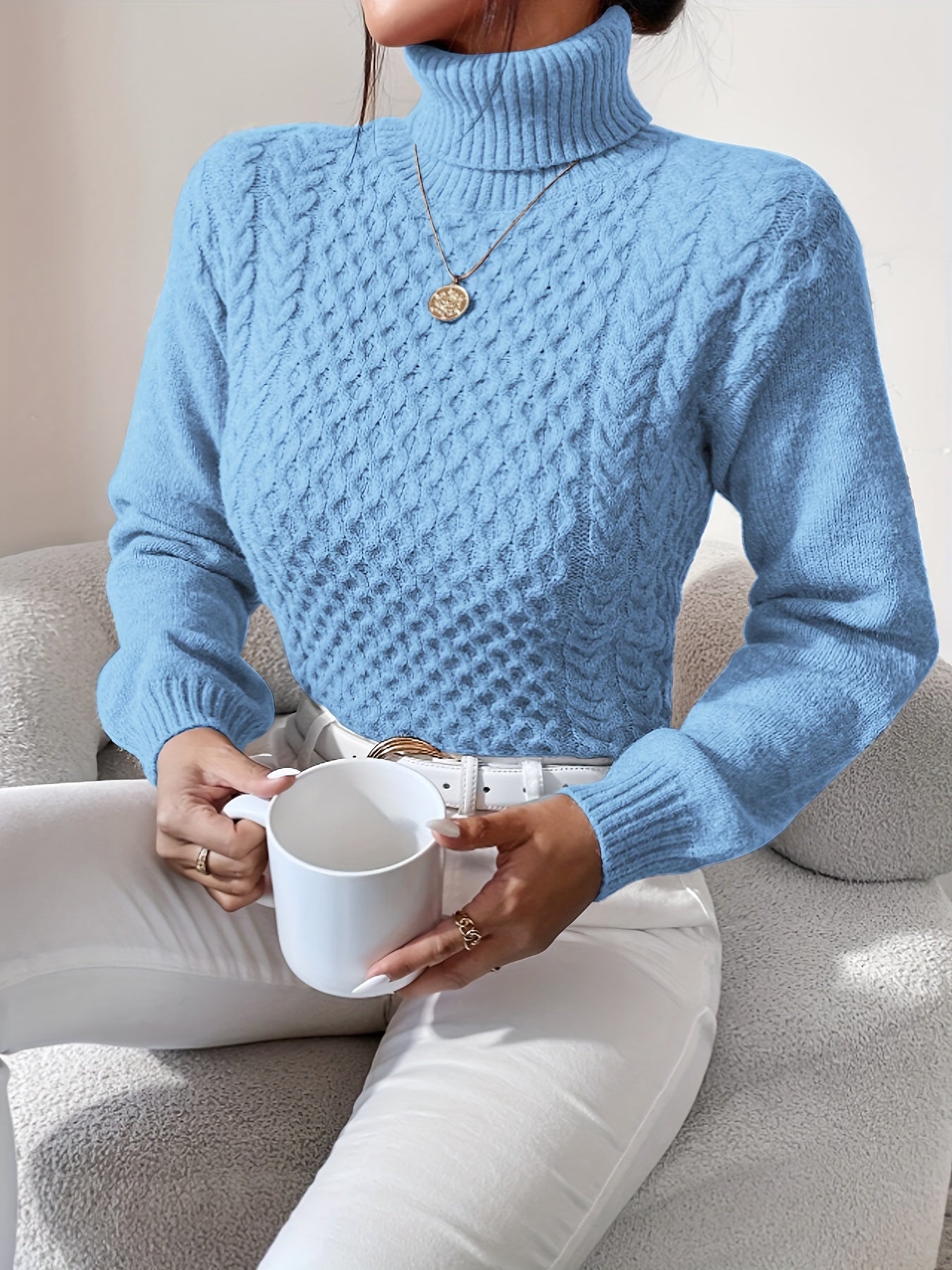 Suéter de manga larga de color sólido, suéter informal de cuello alto para invierno y otoño