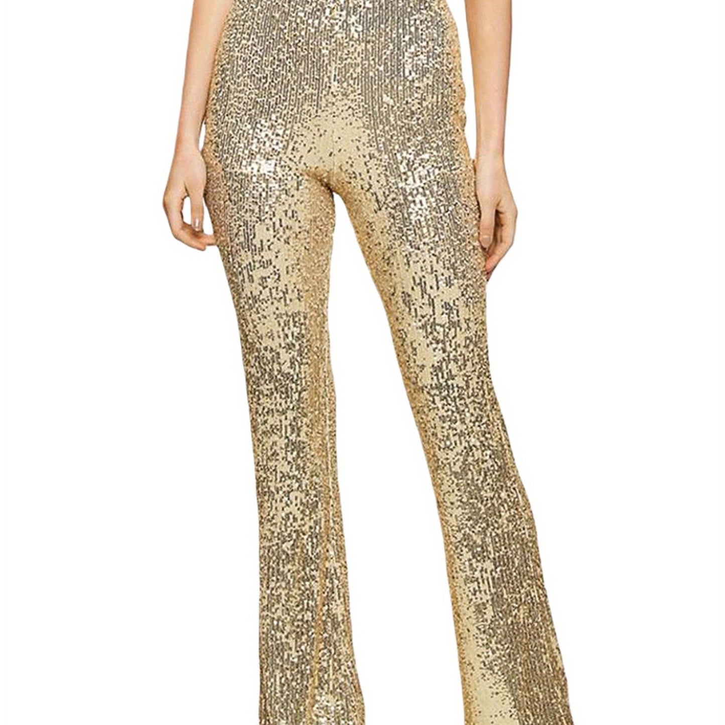 Womens Spring Autumn Slim Flared Pants High Waist Elastic Band Sequins Bell-bottom Pants