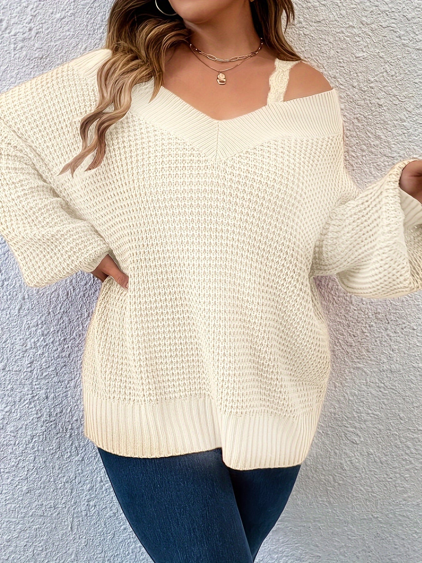 Plus Size Cold Shoulder Knitted Sweater, Elegant Long Sleeve Pullover Sweater