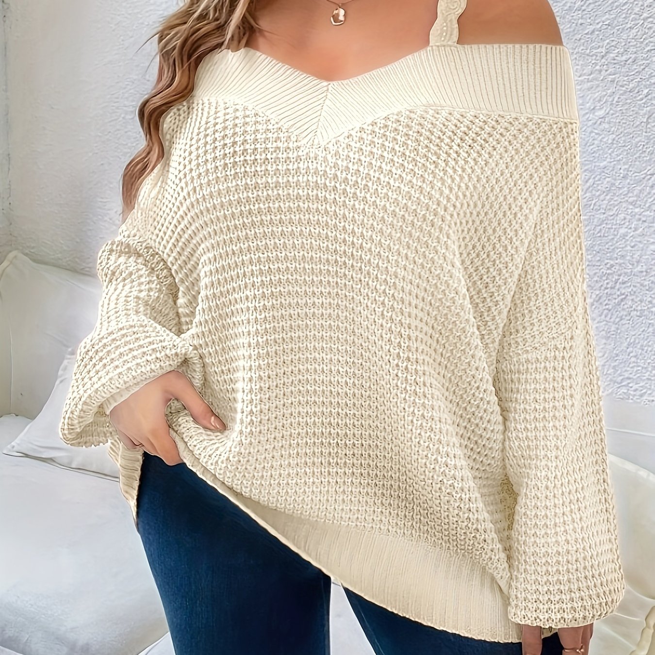 Plus Size Cold Shoulder Knitted Sweater, Elegant Long Sleeve Pullover Sweater