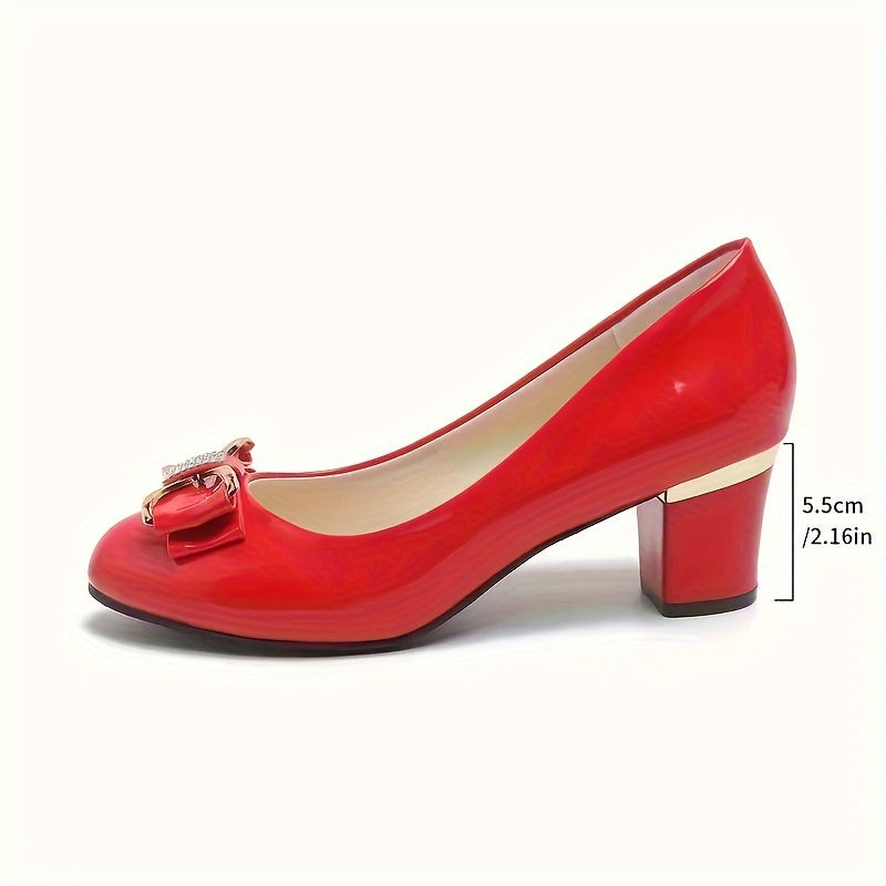 Elegantes tacones gruesos con lazo: zapatos de tacón de piel sintética sin cordones con cómodos tacones de bloque y estilo versátil para el otoño