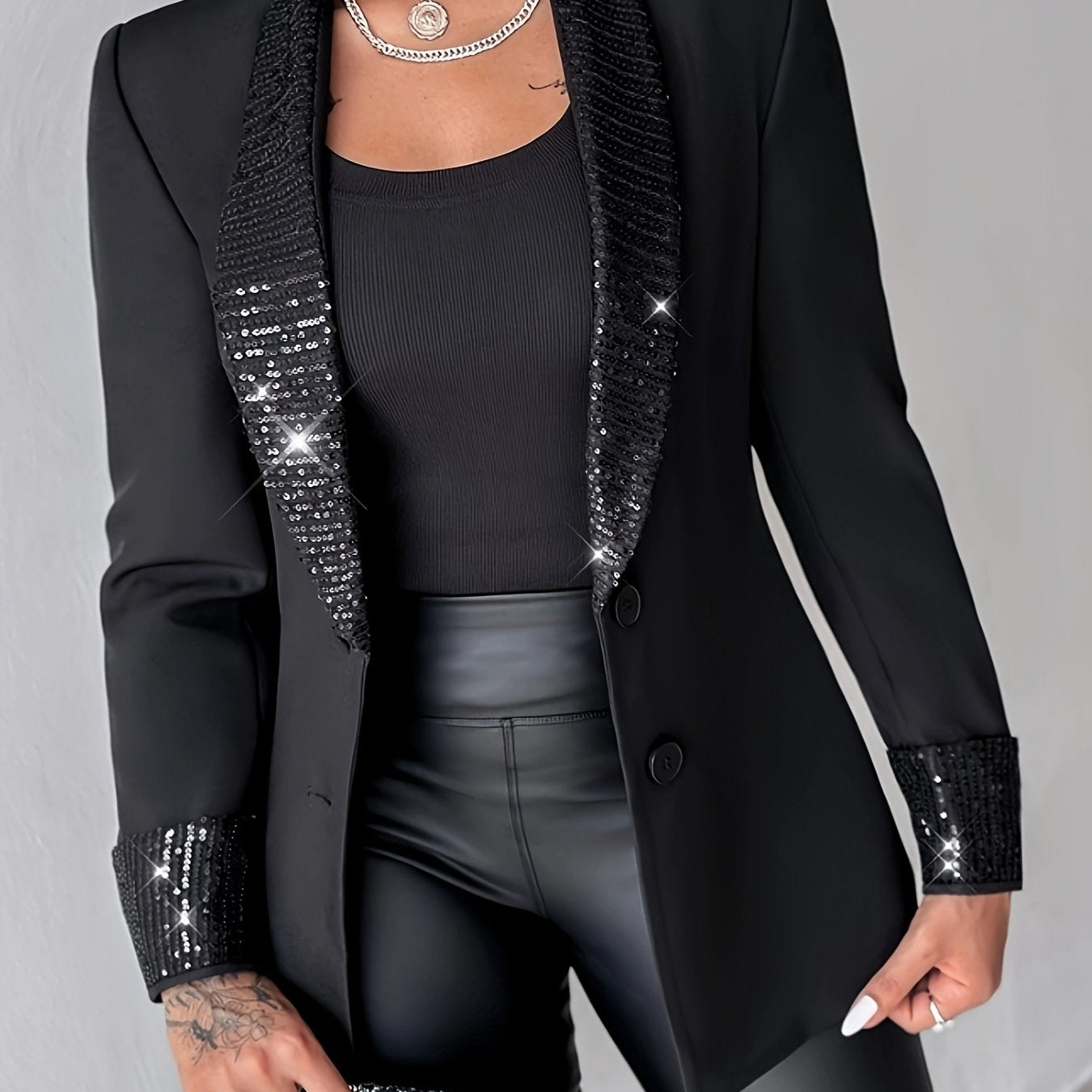 Elegant Sequin Shawl Collar Blazer Jacket, Long Sleeve Regular Fit, All-Season Woven Outerwear with Contrast Detail