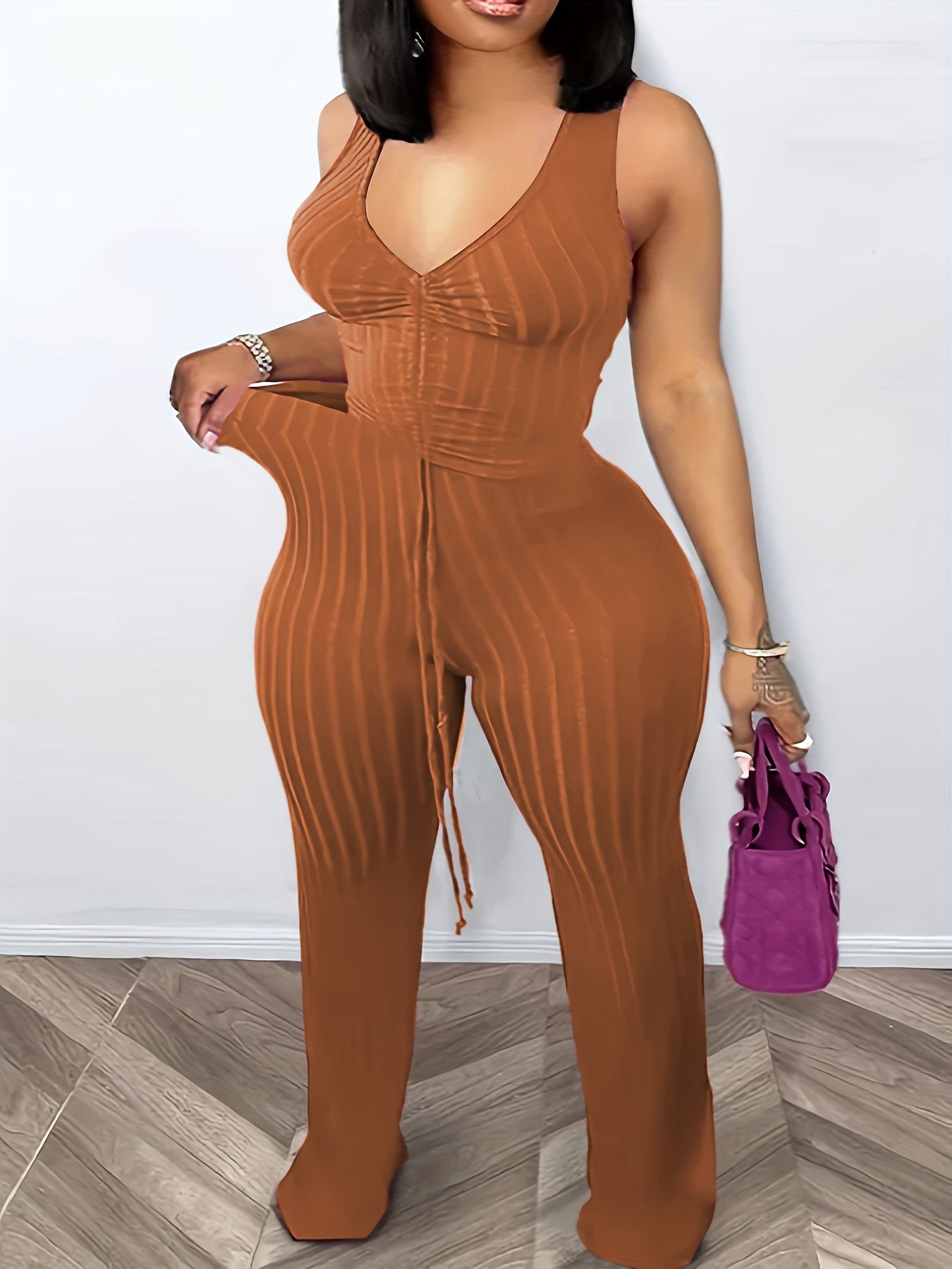 Plus Size Solid Chic Two-piece Set - Flattering V Neck Tank Top & Smooth Pants Outfit