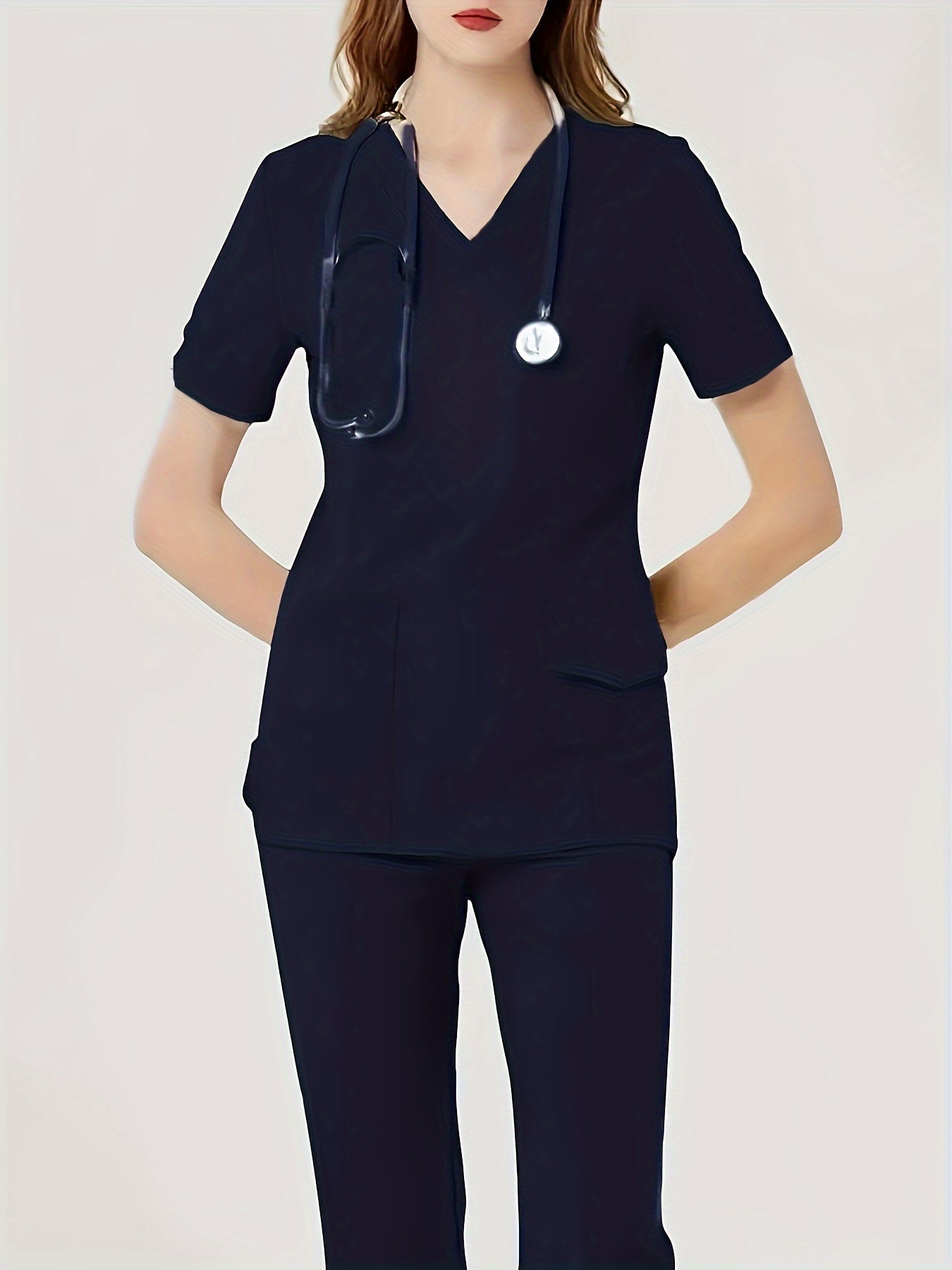 Ultra-Soft Womens Two-Piece Health Care Uniform Set - Stylish V-Neck Top With Practical Pockets & Sleek Solid Pants - Premium Quality, Comfortable Everyday Wear For Women