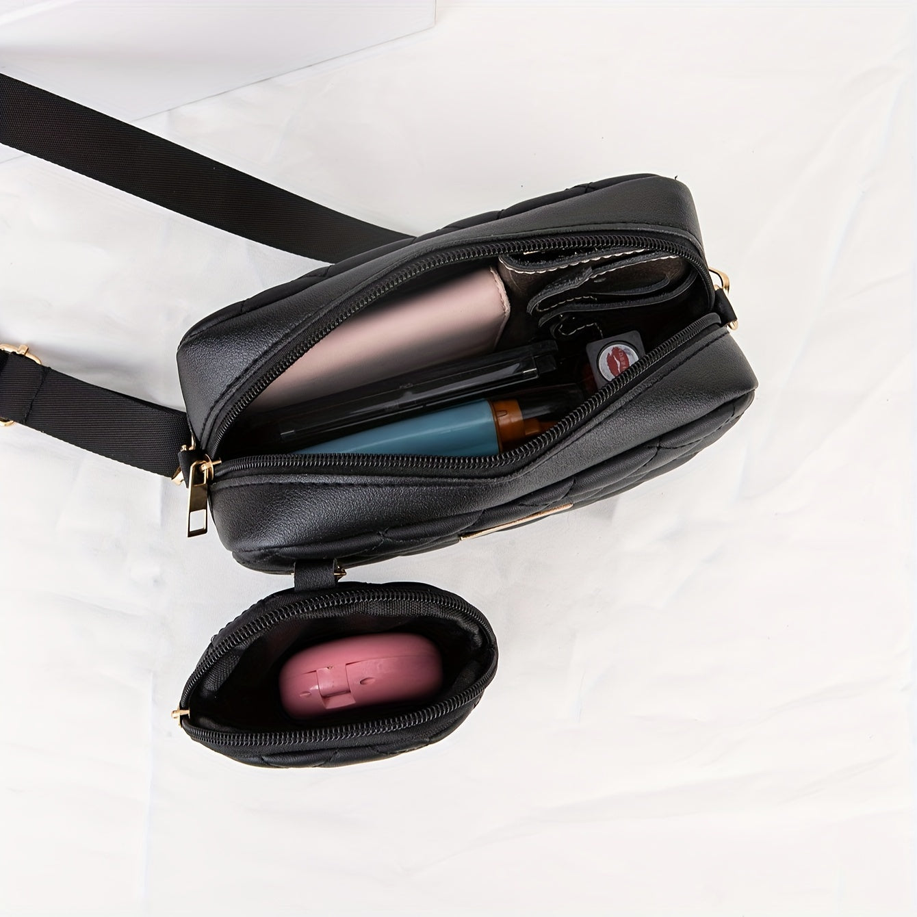 Elegante conjunto de 2 piezas: elegante bolso bandolera acolchado con monedero a juego, correa ajustable, cierre de cremallera, piel sintética ligera